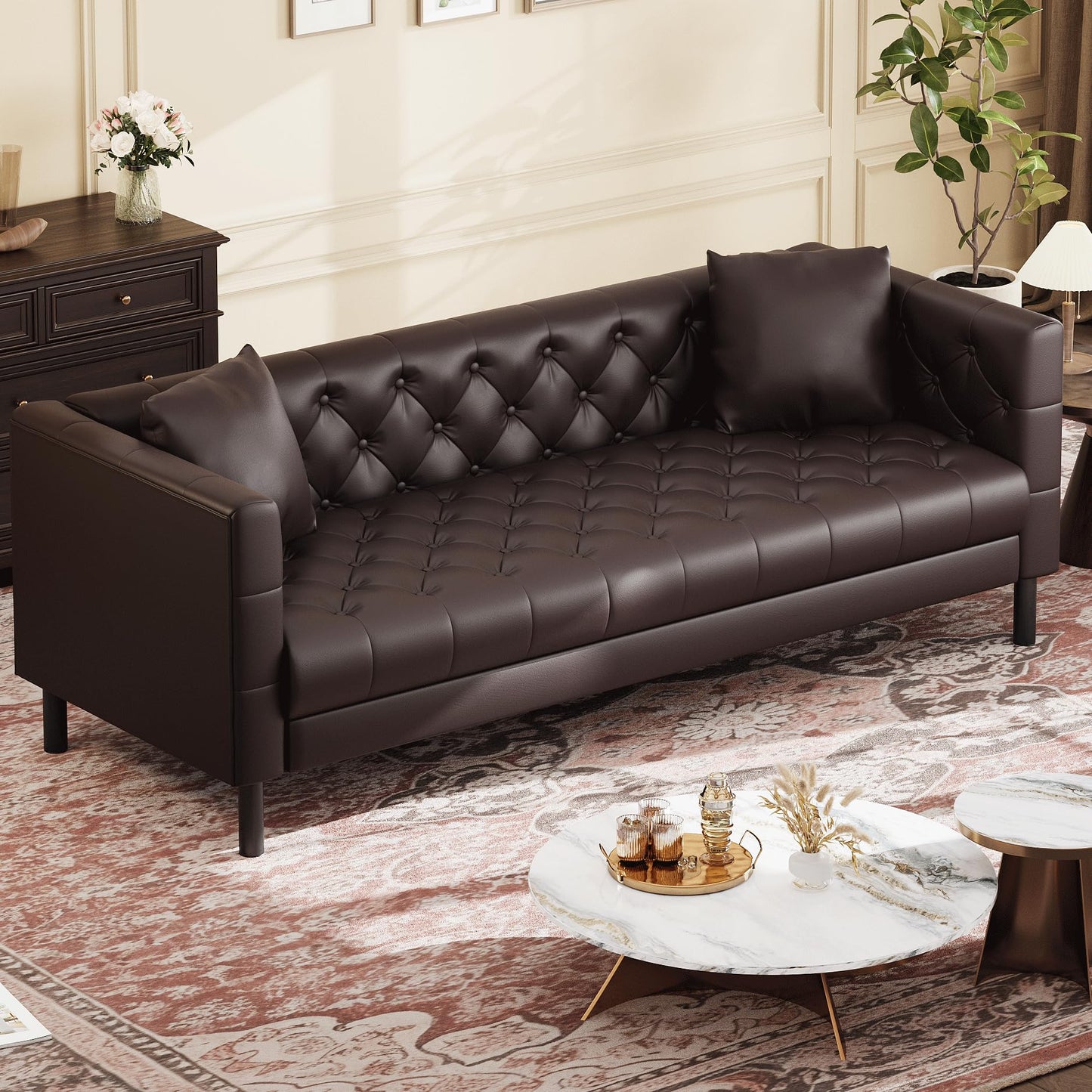 Garvee 81 in Leather Couch for Living Room, Modern Leather Sofa with Deep Seat, Handmade Button Tufted 3 Seater Sofa, Chesterfield Couch for Apartment or Office, Dark Brown