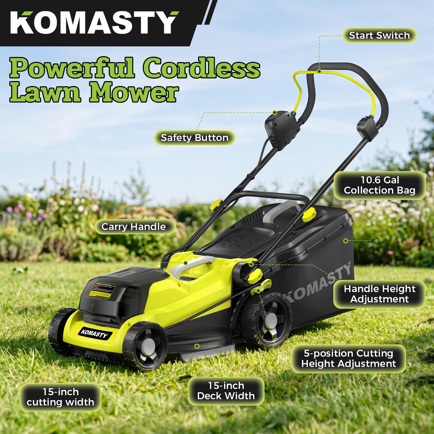 KOMASTY 40V Electric Lawn Mower 15" Cordless Battery Powered Mower, 2 in 1 Mulching Lawnmower with 5-Position Height Adjustment 10.6 Gallon Bag, Small Push Lawn Trimmer, 2X4.0Ah Battery and 2 Chargers