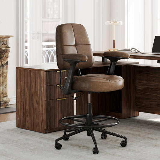 Perledesign Drafting Executive Chair, Tall Office Chair with Padded Flip-Up Armrests, Mid-Back Cushioned Seat, 360° Swivel Rolling Computer Desk Chair for Standing Desk & Home Office, Vintage Brown