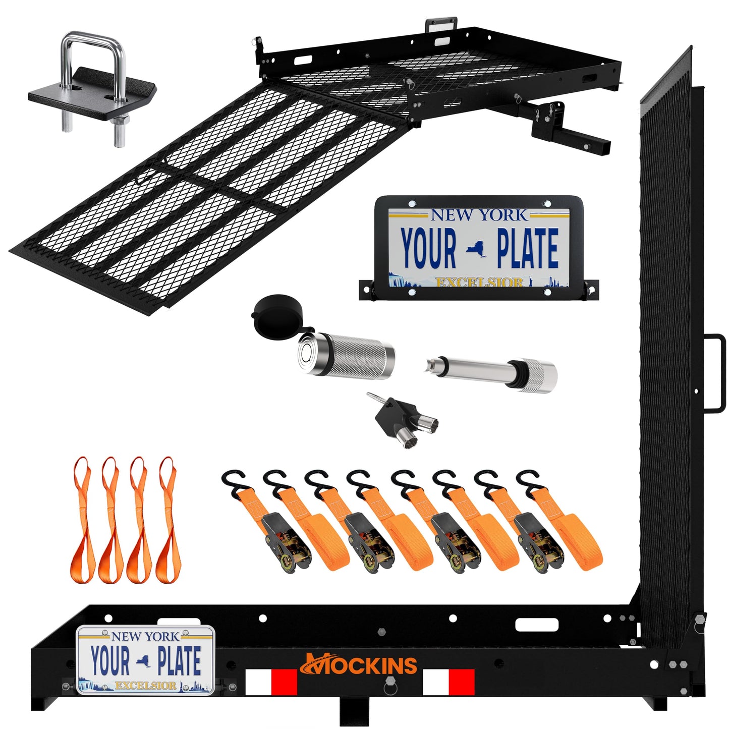 Mockins 48"x28.5"x4" Folding Trailer Hitch Cargo Carrier with Ramp for Wheelchair | 500 lbs Cap Heavy-Duty Mobility Scooter Carrier for Car 2" Hitch Receiver w/Plate Bracket, Stabilizer, & Straps