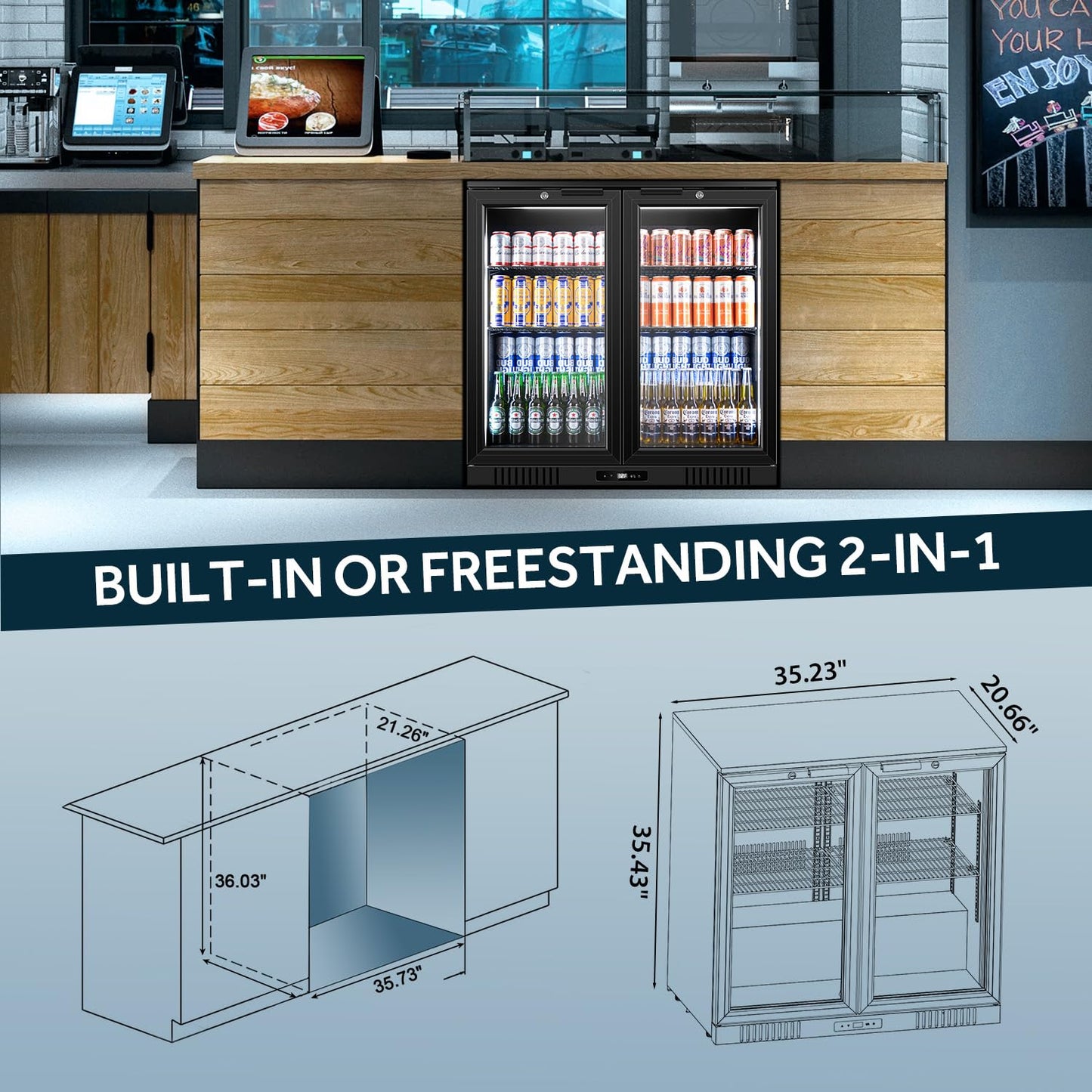 Tylza Back Bar Cooler With 2 Glass Doors, 7.2 Cu.Ft Under Counter Back Bar Refrigerator with LED Lighting, Safety Locks, Counter Height Bar Beverage Cooler for Beer, Soda Drinks, Wine, Black