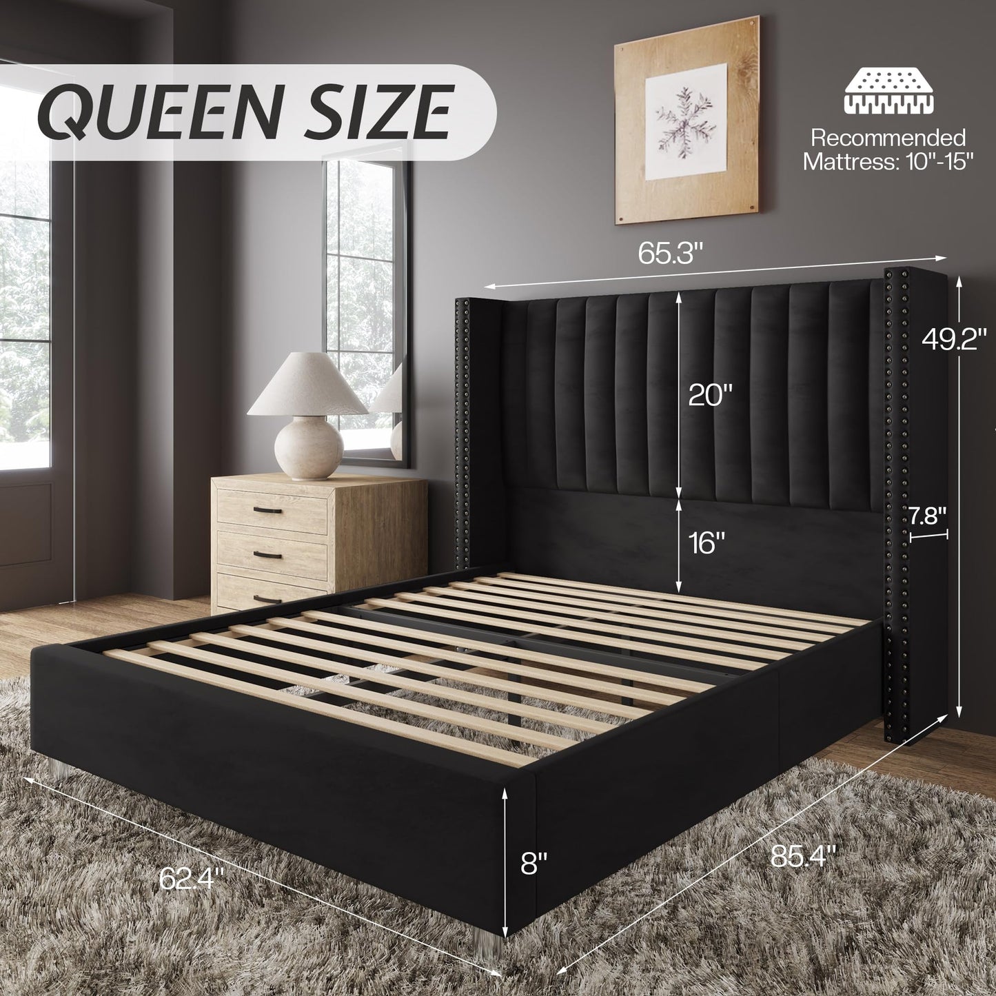 Jocisland Queen Bed Frame with Tall Wingback Headboard, Velvet Upholstered Platform Bed, No Box Spring Needed, Noise-Free, for Couples, Guest Room & Apartment, Black