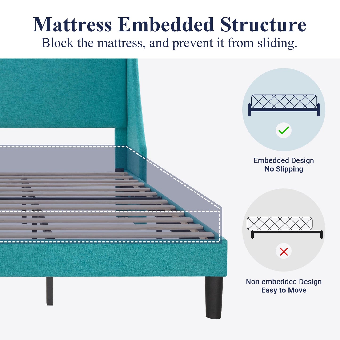 Allewie King Size Platform Bed Frame with Upholstered Headboard, Modern Deluxe Wingback, Wood Slat Support, Mattress Foundation, Peacock Green