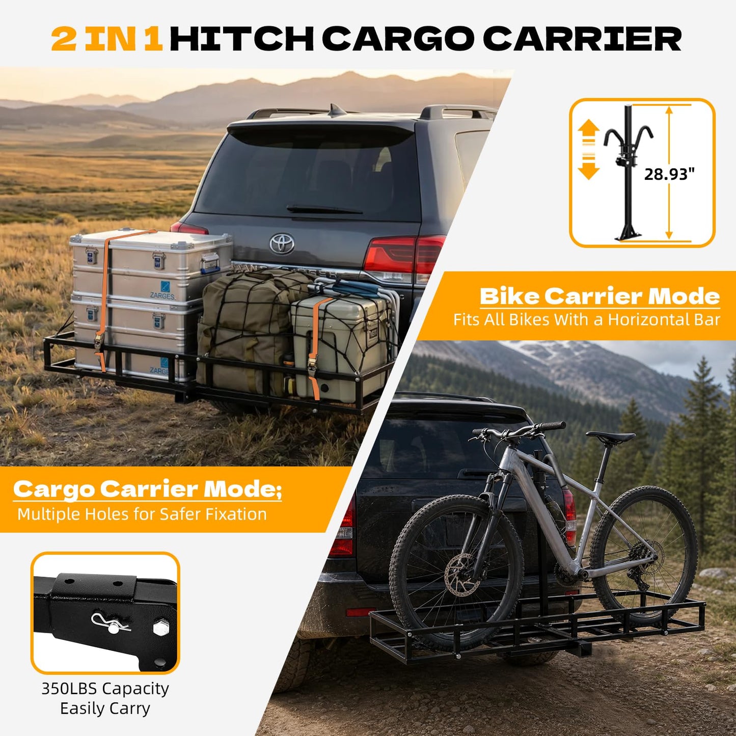 Hitch Cargo Carrier with Bike Rack,64" x 20" x 6" 2 in 1 Folding Trailer Hitch Rack for 2 Standard, Fat Tire and Electric Bike, Fits for Car SUV Truck RV Minivan with 2-Inch Receiver