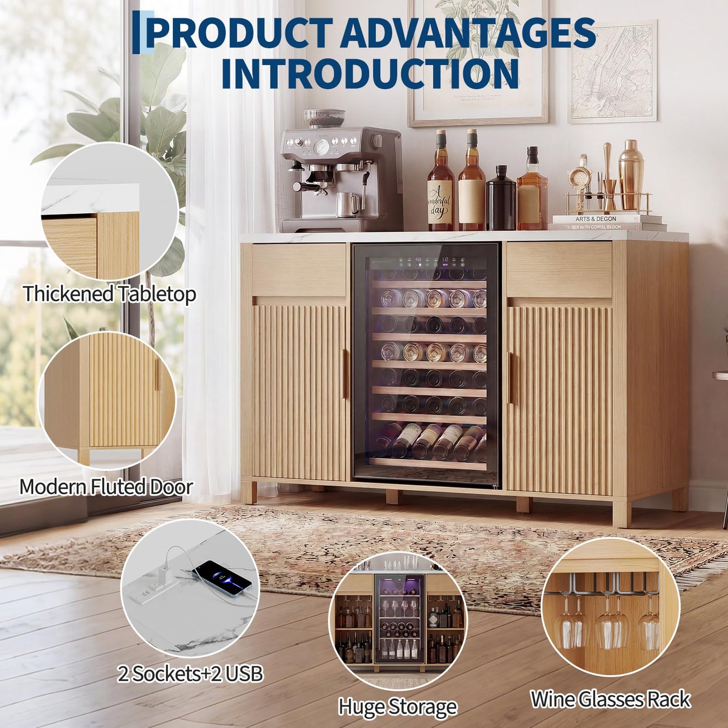Garvee 53" Fluted Coffee Bar with Mini Fridge Space & Charging Station, Fits 19.7" Mini Fridge, Fridge Cabinet with Wine Storage, Buffet Sideboard with Wine Rack and Storage for Dining Room, Oak