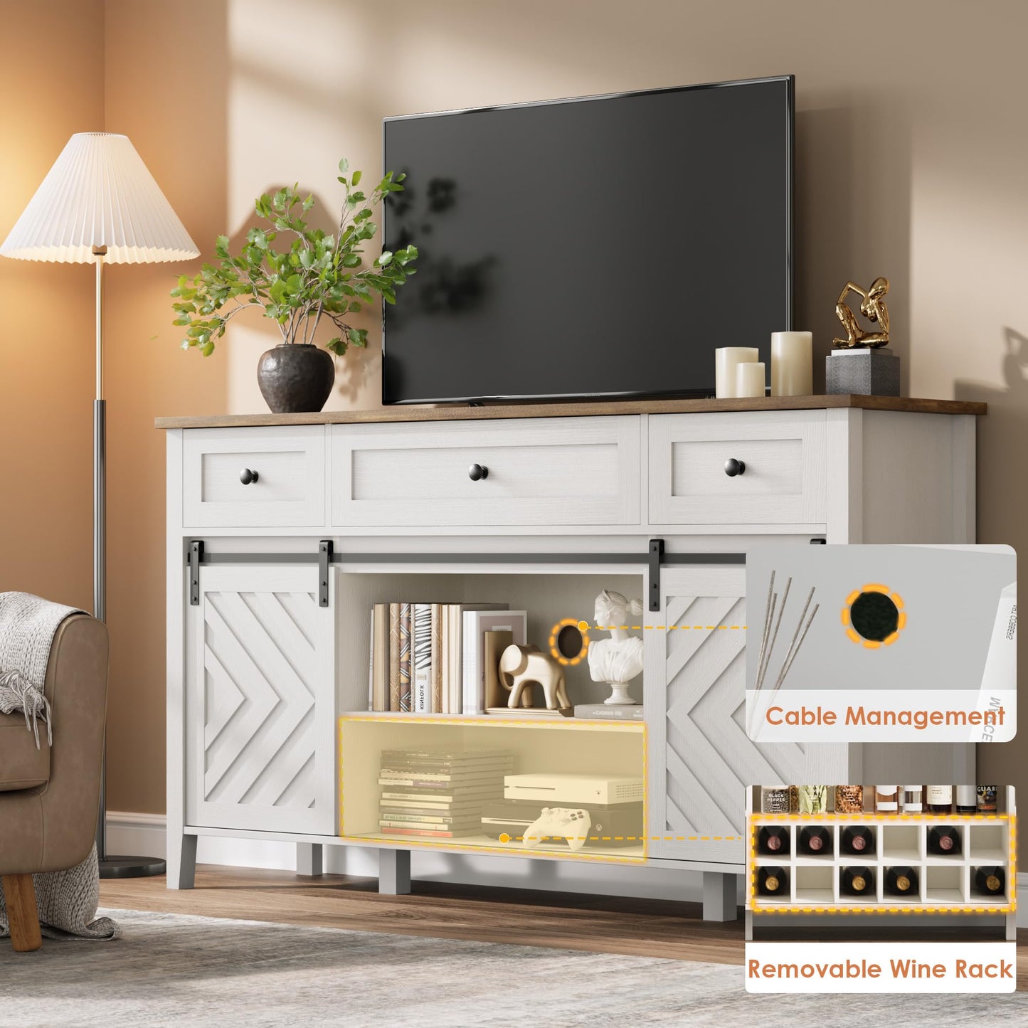 CABIHOME Farmhouse 47.2'' Buffet Cabinet with Sliding Barn Door, 33.4'' Tall Wood Rustic Sideboard with 3 Drawer, Adjustable Shelf and Removable Wine Rack (White, 59'')