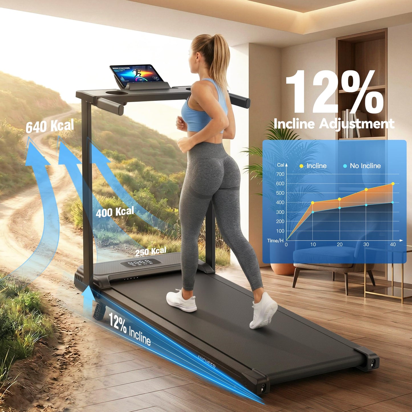 FUNMILY Incline Walking Pad Treadmill with Handle Bar, Folding Treadmills for Home Small, 3.5HP Portable Treadmill with Desk, 350 lbs Weight Capacity, Walking Pad with Remote Control and LED Display