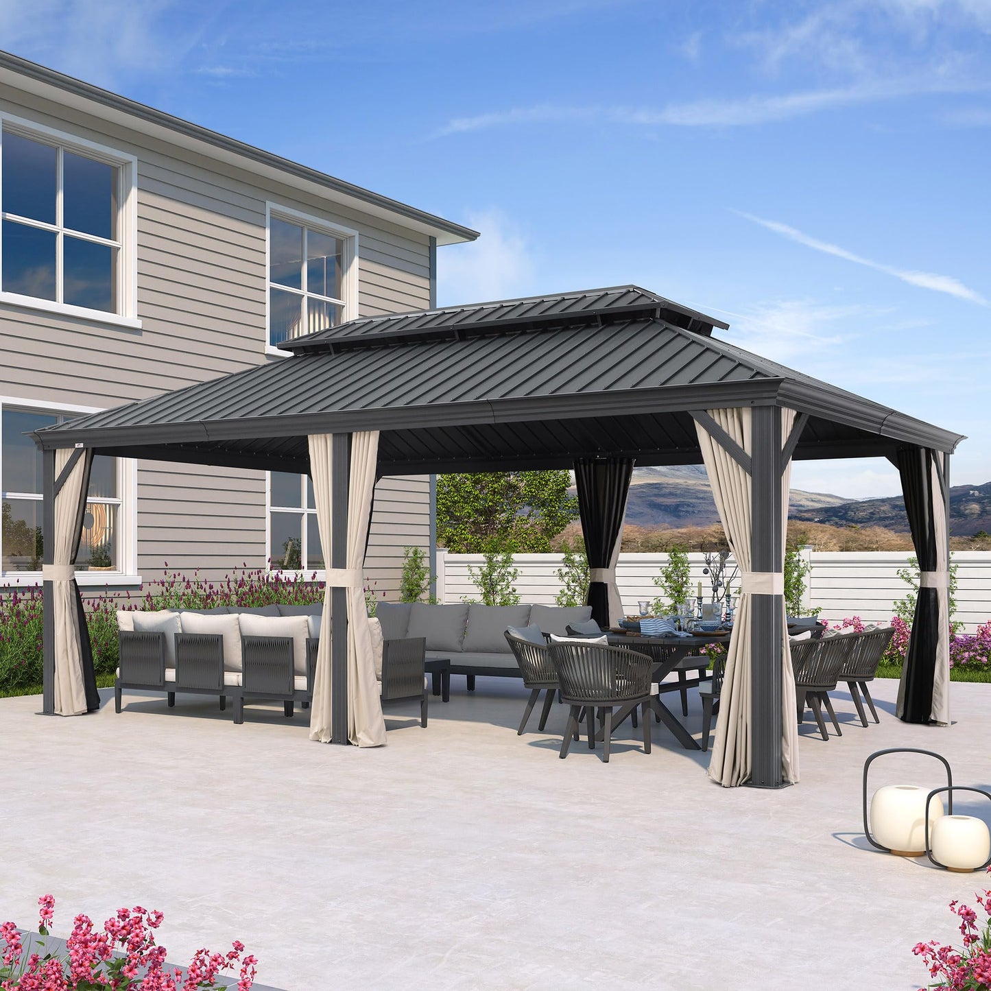 PURPLE LEAF 12' X 20' Hardtop Gazebo Aluminum Gazebo with Galvanized Steel Double Roof for Patio Lawn and Garden Curtains and Netting Included Beige