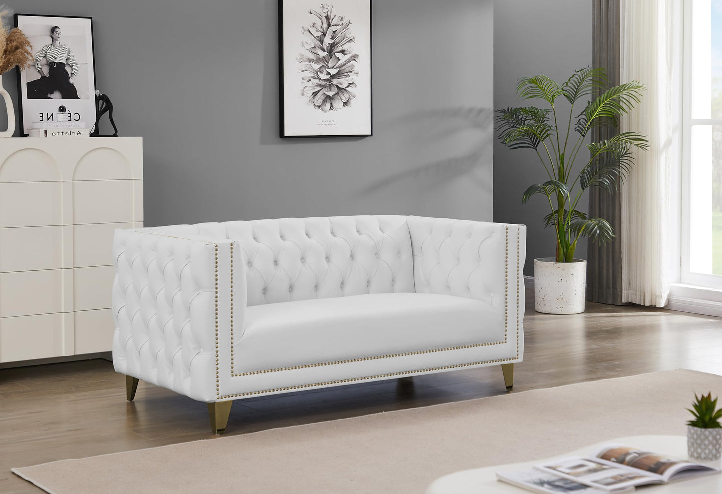 Meridian Furniture 651White-L Michelle Collection Modern | Contemporary Loveseat with Deep Button Tufting, Gold Nailhead Trim and Sturdy Gold Iron Legs, White Vegan Leather, 66" W x 34" D x 30" H