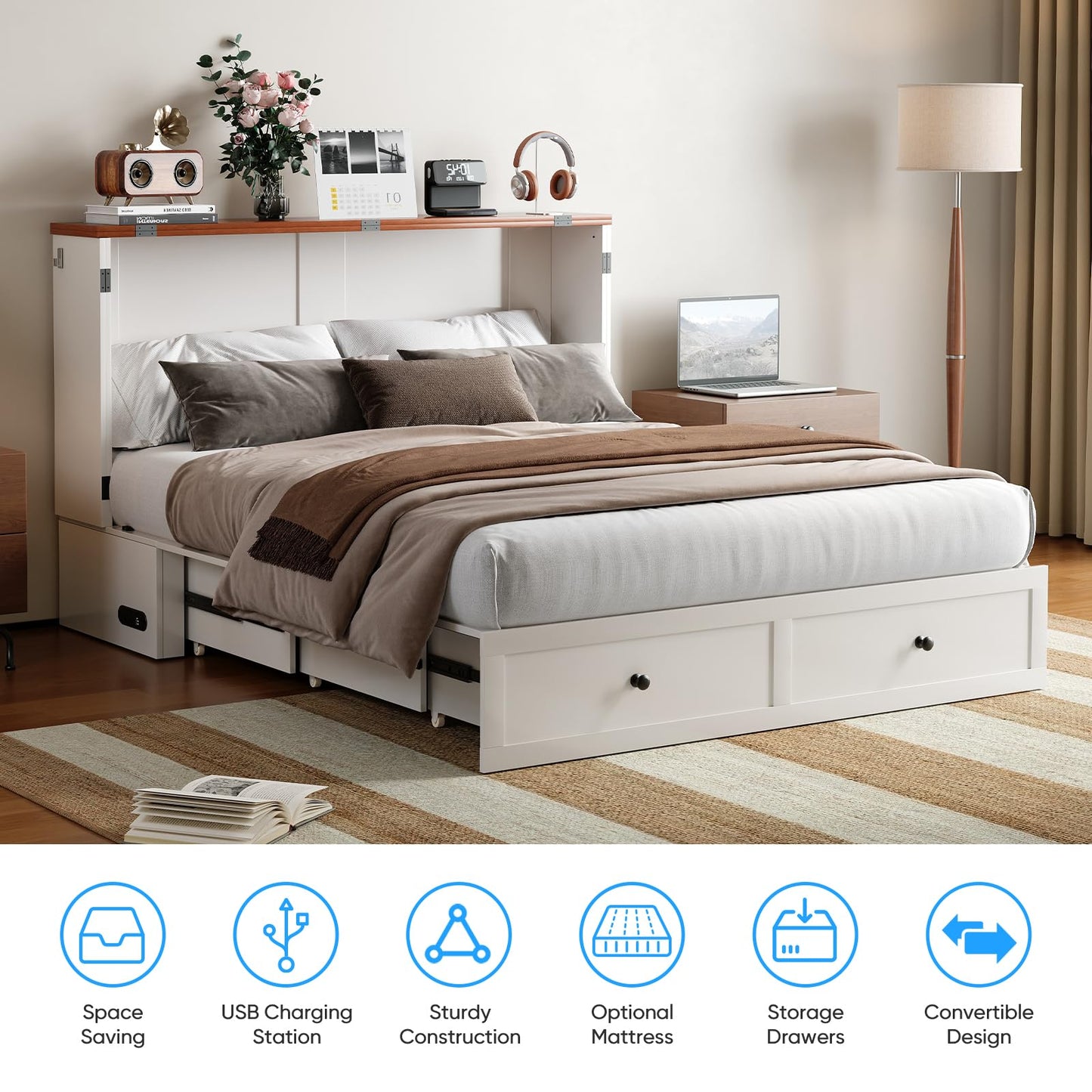 PUREMIND Murphy Bed Queen with Mattress Included, X Frame Cabinet Beds Chest with Charging Station & Storage Drawers, Convertible Hideaway Cabinet Bed for Guest Room, White