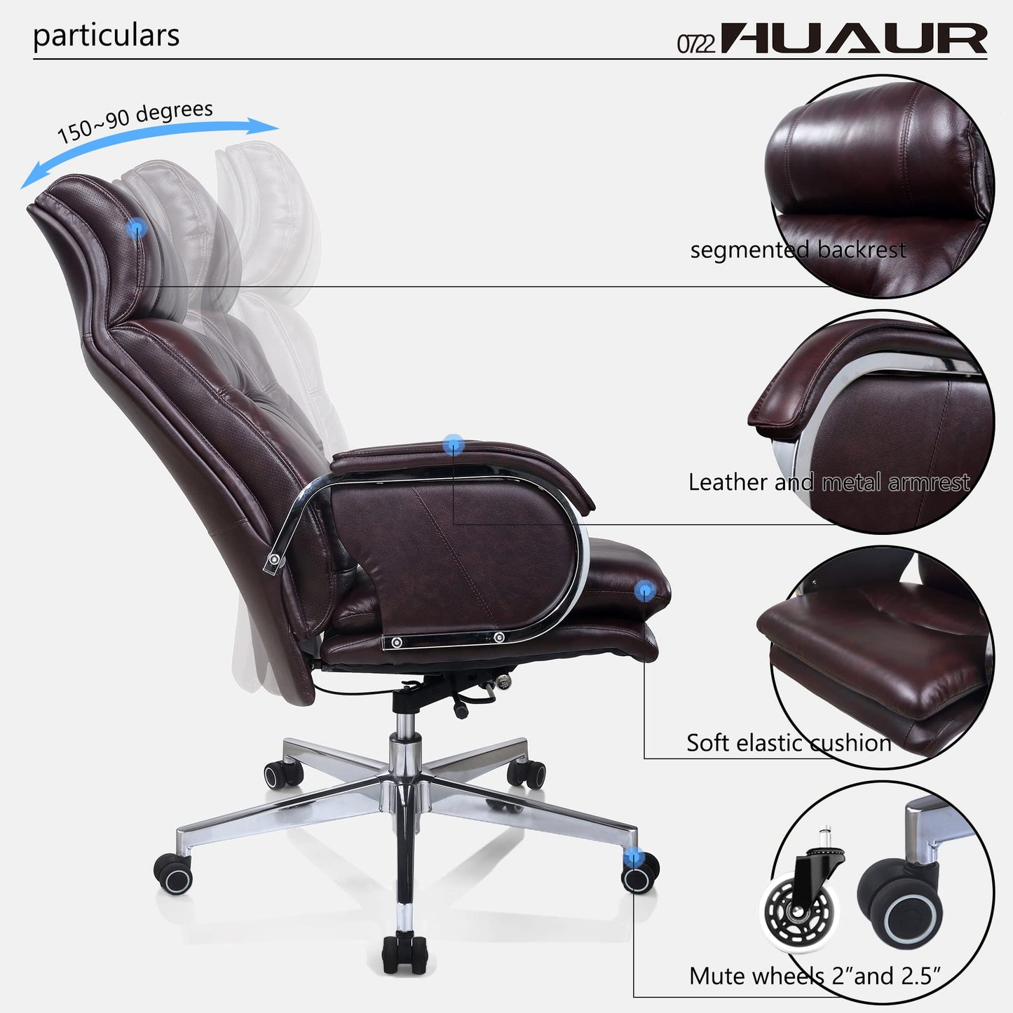 HUAUR Genuine Leather Modern Executive Chair High-Back Support 90 to 150 Degrees Tilt and Upholstered Home Desk Chair with Base 360LB Capacity Swivel Computer Office Chair (Brown)