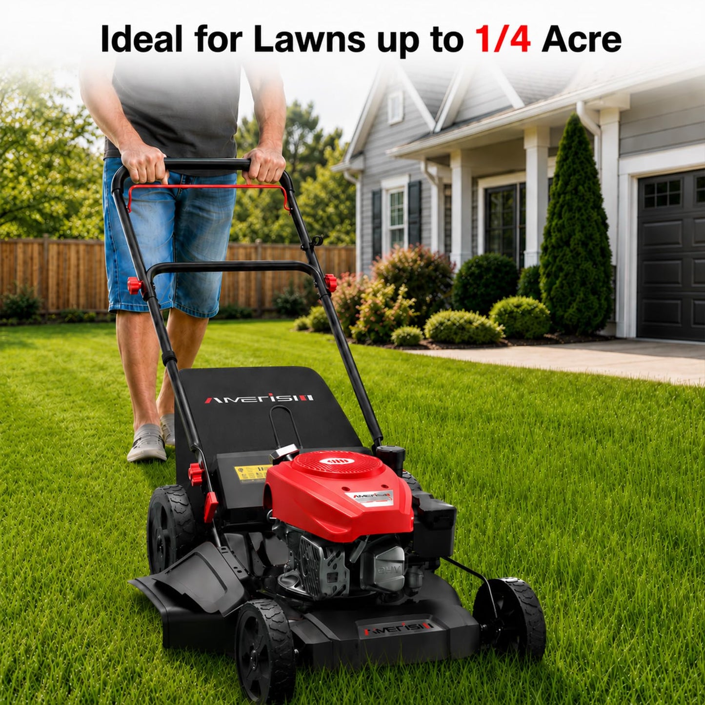 AMERISUN 21-Inch Gas Push Lawn Mower for Large Yard, 144cc 4-Stroke Engine, 6-Position Adjustable Cutting Height, 3-in-1 Mulching, Side Discharge & Rear Bag for Garden Landscaping