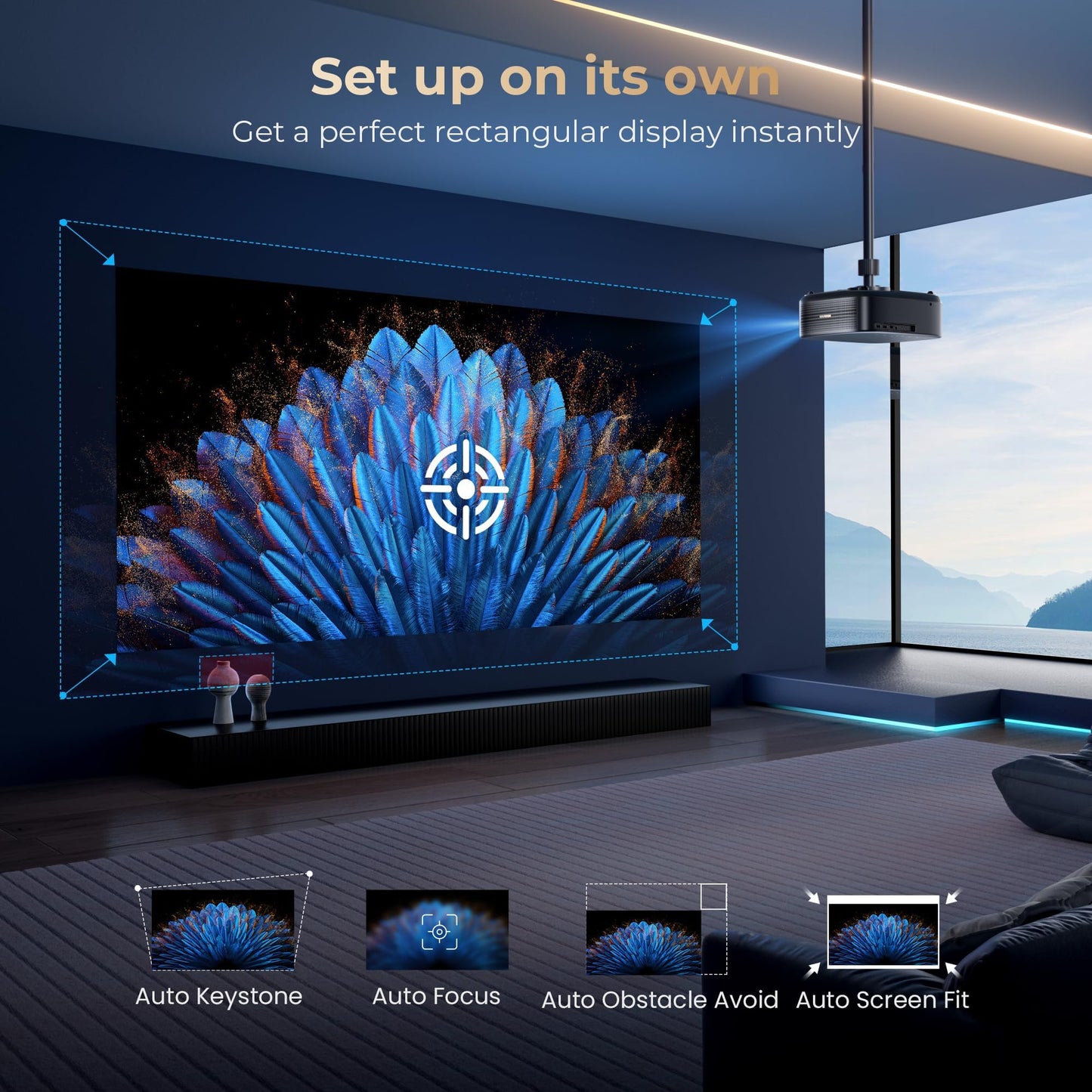 [2500 ANS ＆ 50W] Alvar Outdoor Projector 4K Support with WiFi 6 and Bluetooth, dbx-tv Sound, Built in NetfIix App & DoIby Audio Proyector, Auto Focus & Keystone Smart for Soccer Match