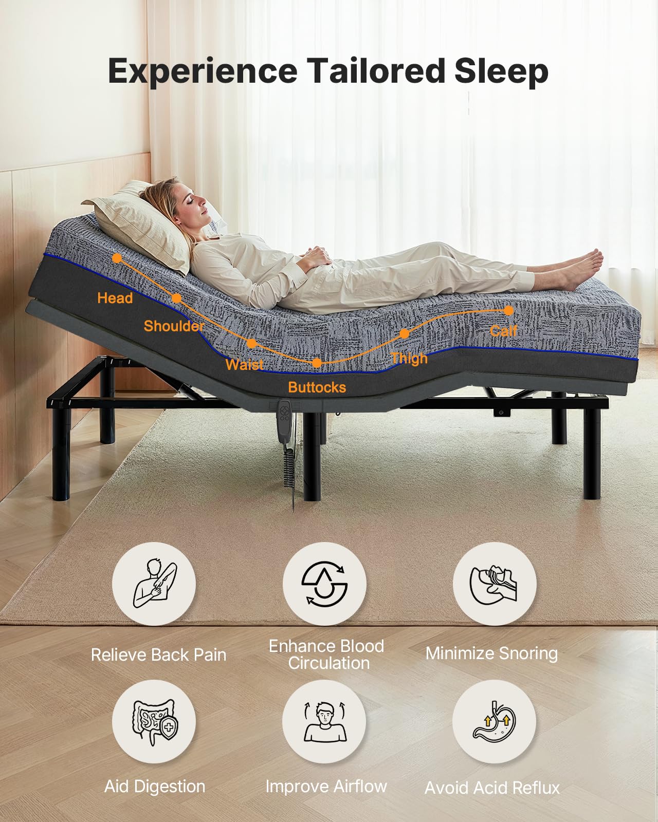 Amada Homefurnishing Adjustable Bed Frame King, Independent Head and Foot Incline, Quiet Motor, 750 lbs Capacity, Adjustable Bed with Stay-Put Wired Remote Control, 4 Bed Height Options, Easy Assembly