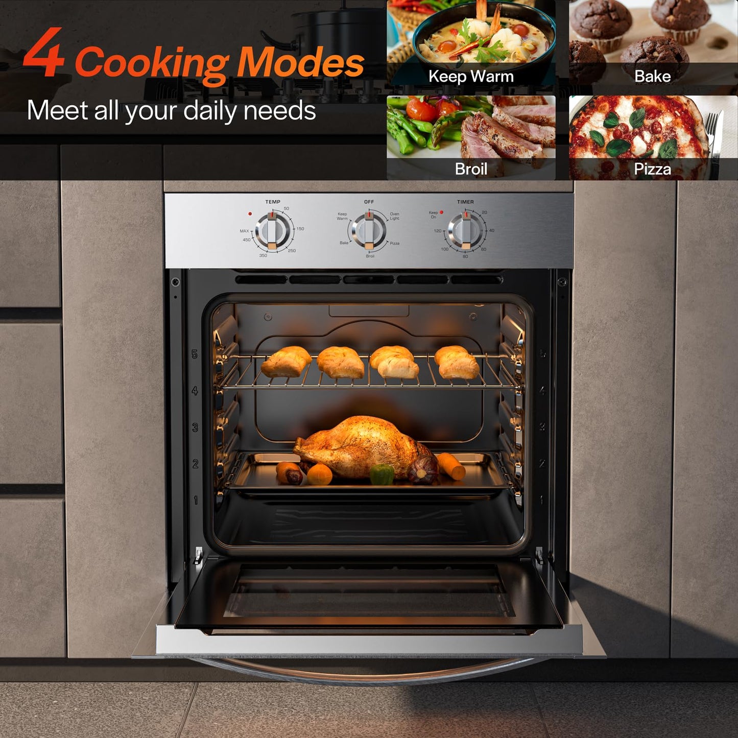 Empava 24 inch Electric Single Wall Oven with 4 Basic Bake Broil Cooking Modes, Mechanical Knob Control, 2.5 Cu.ft. Capacity, 2950W
