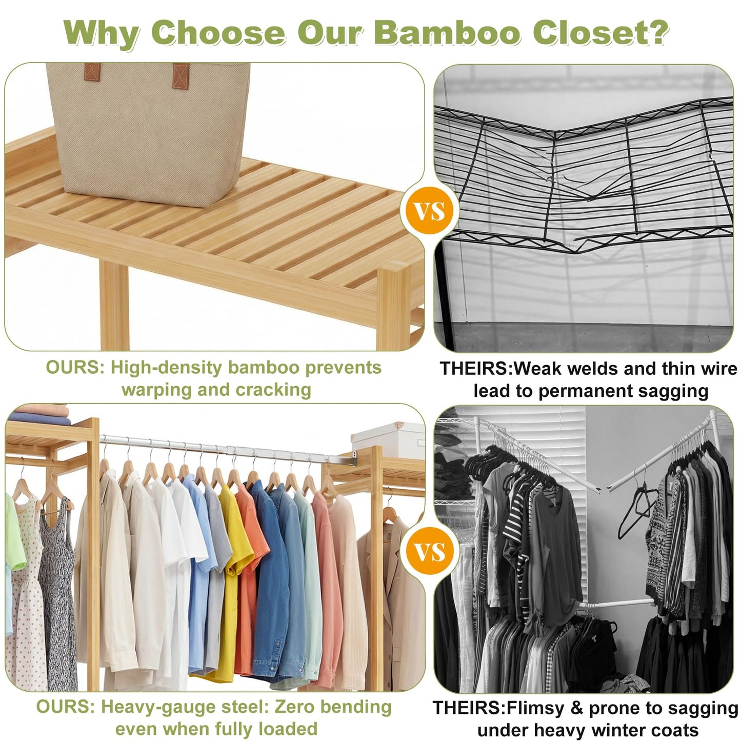 Homykic Bamboo Closet System, 74"-88" Expandable Clothing Rack with 5 Hanger Rods & Shelves, 6.6ft Tall Garment Rack Organizer for Walk-in Closet Bedroom, Max Load 850LBS, Easy to Assemble