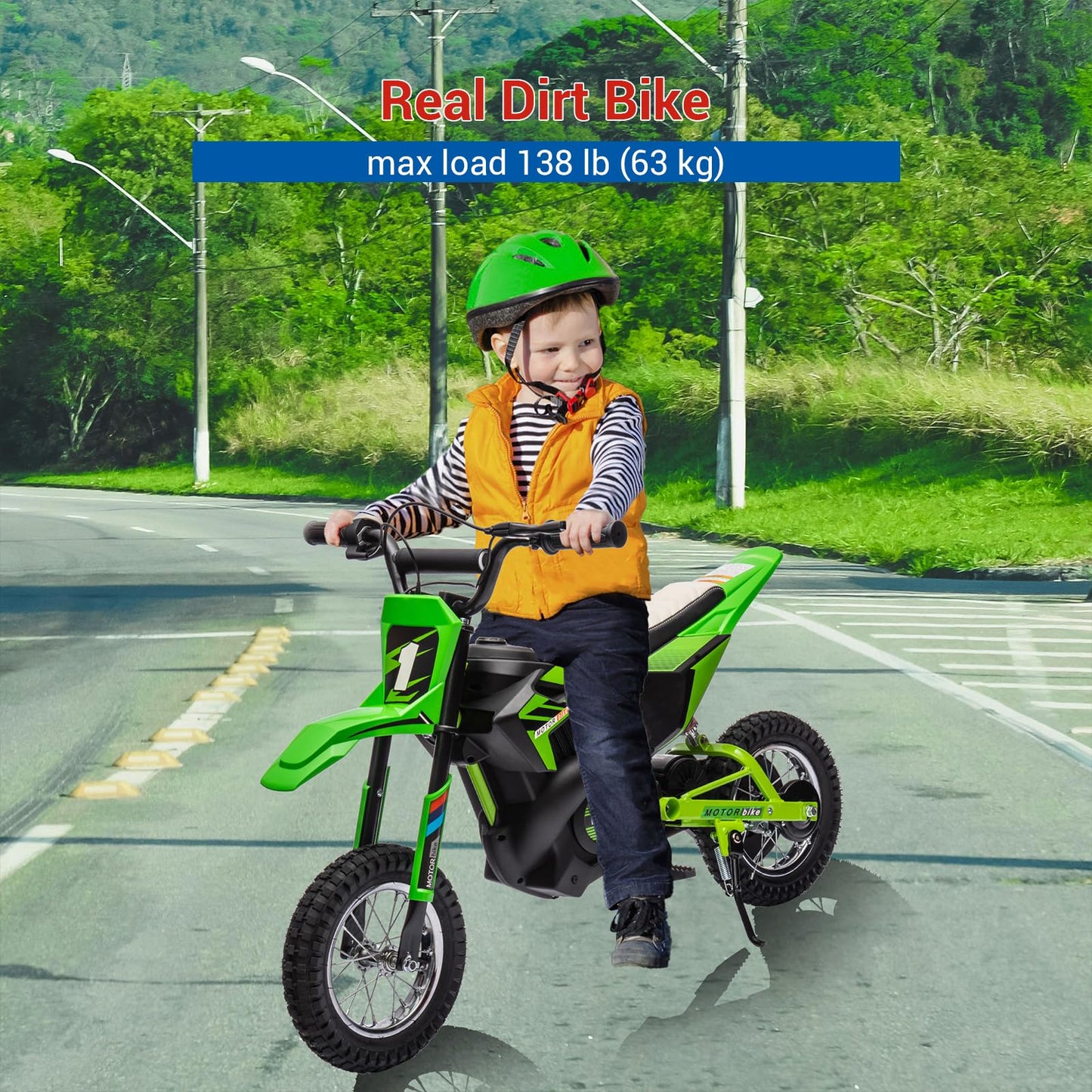 GarveeLife 24V Kids Ride On Electric Off-Road Motorcycle,250W Motor 13.6MPH Fast Speed Dirt Bike Motocross,Leather Seat,Twist Grip Throttle,Metal Suspension,Air-Filled Tires for Kids Riding Toy,Green