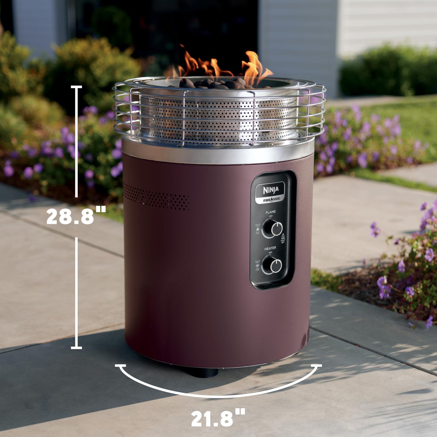 Ninja Fireside360™ Outdoor Heater & Fire Pit | 3 Modes: Flame, Heat, Flame & Heat | Portable for Patio, Deck, Camping, Beach | Easy Control Smokeless Flames | Push to Start Ignition | Maroon | OF101RD