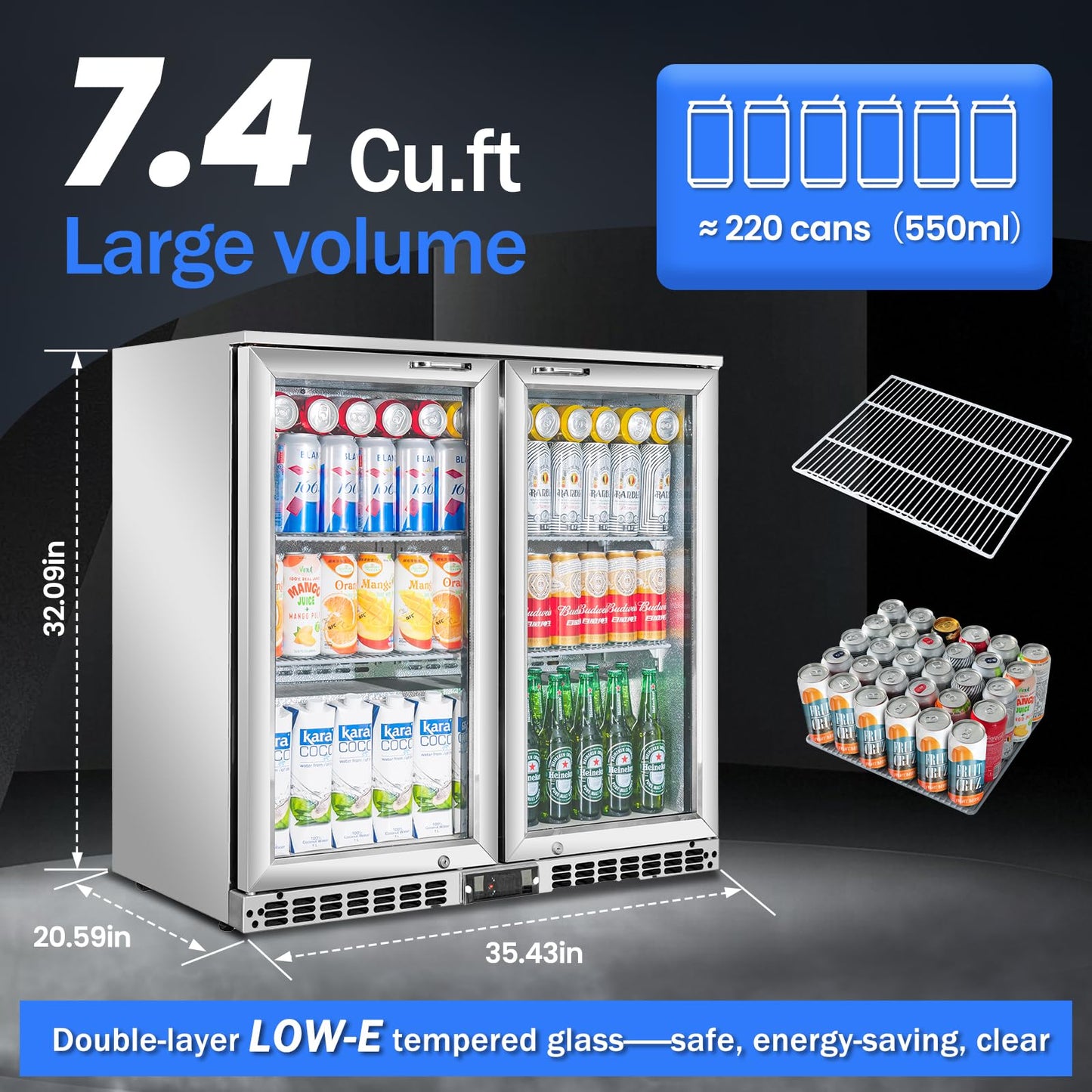 BINGERMA Back Bar Cooler with 2 Glass Doors Under Counter Commercial Beverage Refrigerator Silver Stainless Steel 7.4 Cu.ft. ETL Drink Fridges for Bar,Office