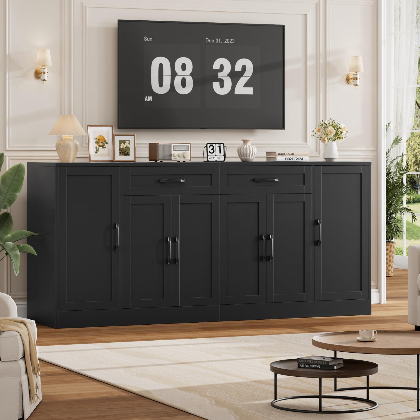 BOTLOG 71” Large Buffet Cabinet with Storage, Sideboard Buffet Cabinet with Adjustable Shelves and 6 Soft-Close Doors, Wood Coffee Bar Console Table for Kitchen, Dining Room, Black