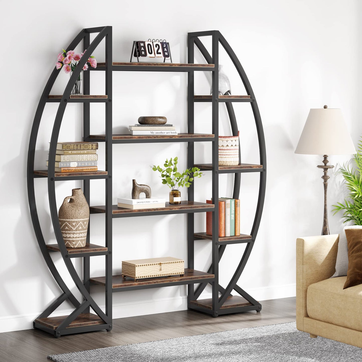 Tribesigns Oval Bookshelf, Triple Wide 5 Tier Etagere Bookcase, Industrial Display Shelves for Living Room (Brown, 55")