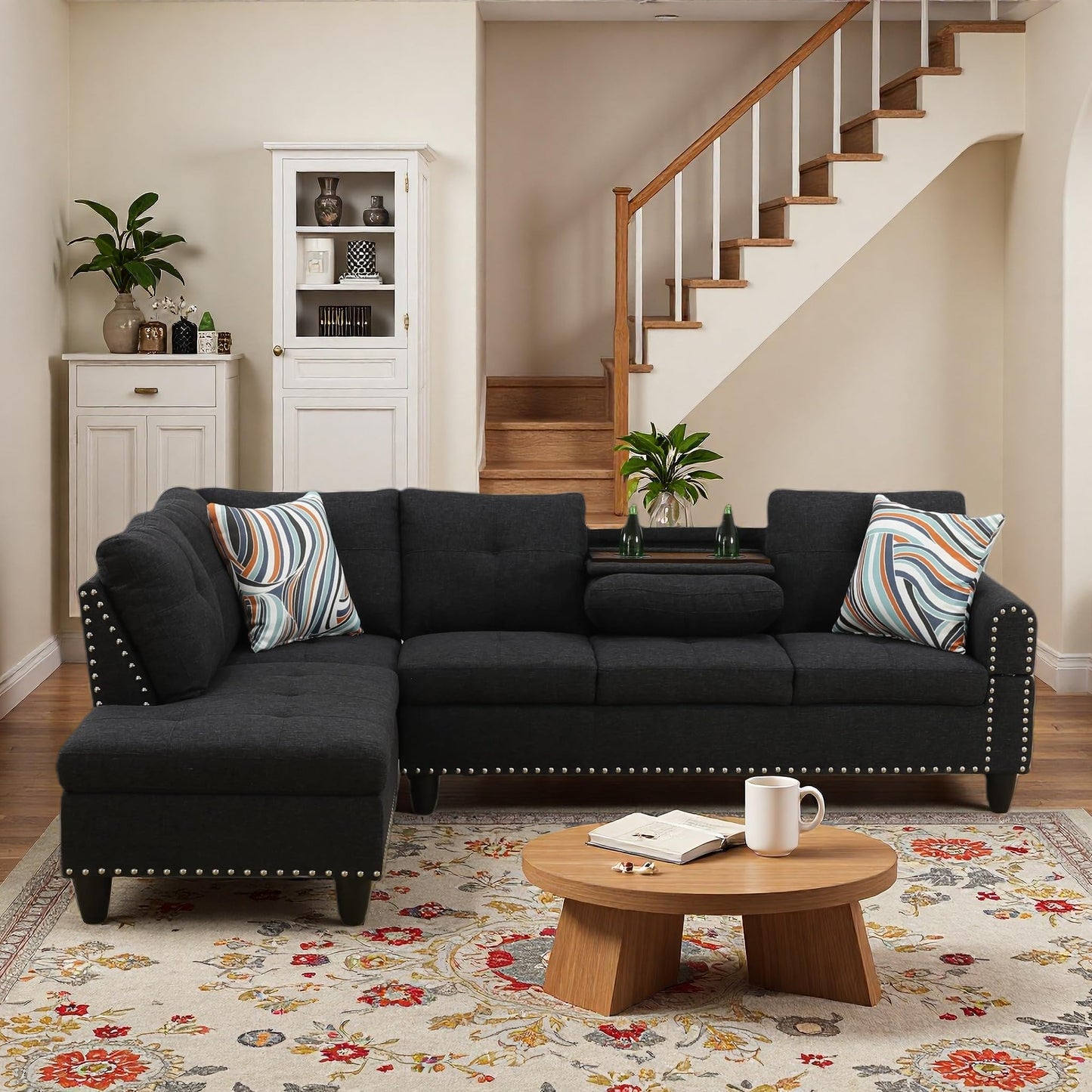 Trygoal L-Shaped Sectional Sofa, Modern 4-Seat Couch with Built-in Cup Holders, Upholstered Fabric Sectional Couch with Left Facing Chaise for Living Room, Apartment, Office, Black Gray