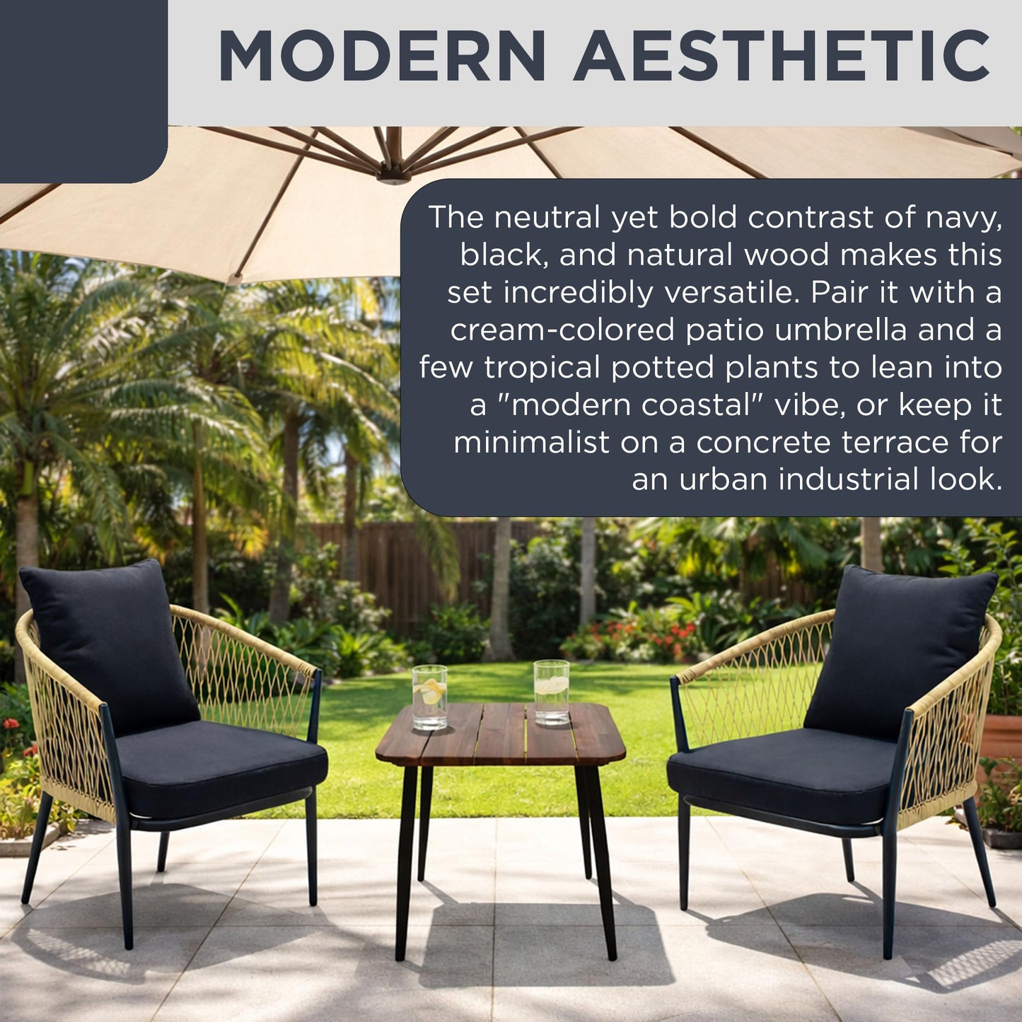 Alpine Corporation VTFAM166A 3-Piece Outdoor Patio Bistro Set – Wooden Accent Table & 2 Wicker Armchairs with Seat & Back Cushions – Modern Indoor/Outdoor Conversation Set, Natural & Black