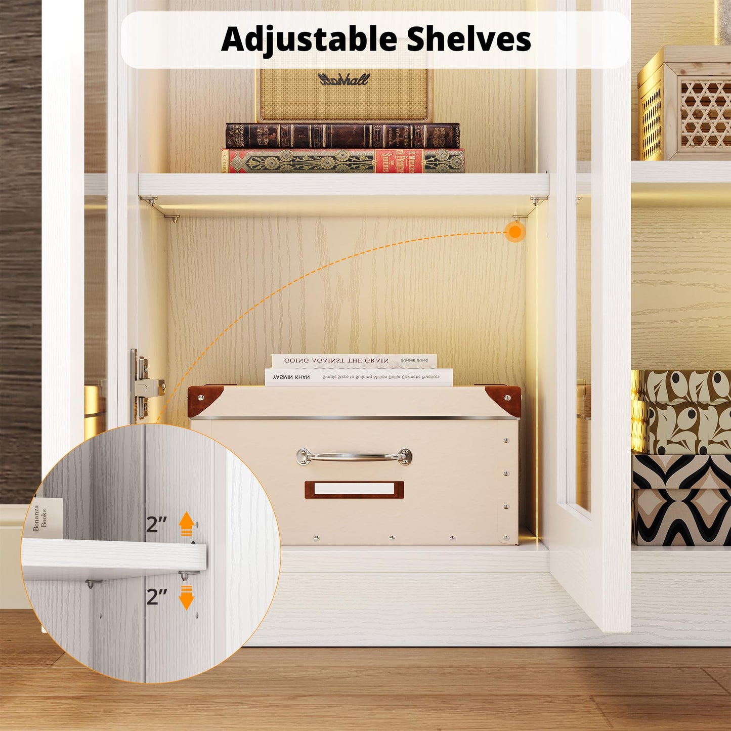 IRONCK Corner Bookshelf with LED Lights, 78.7" Tall Corner Bookshelves with 2 Drawers & Transparent Doors, 7 Tiers L-Shaped Bookcase with Open Shelves and Pegboards for Living Room, Home Office, White