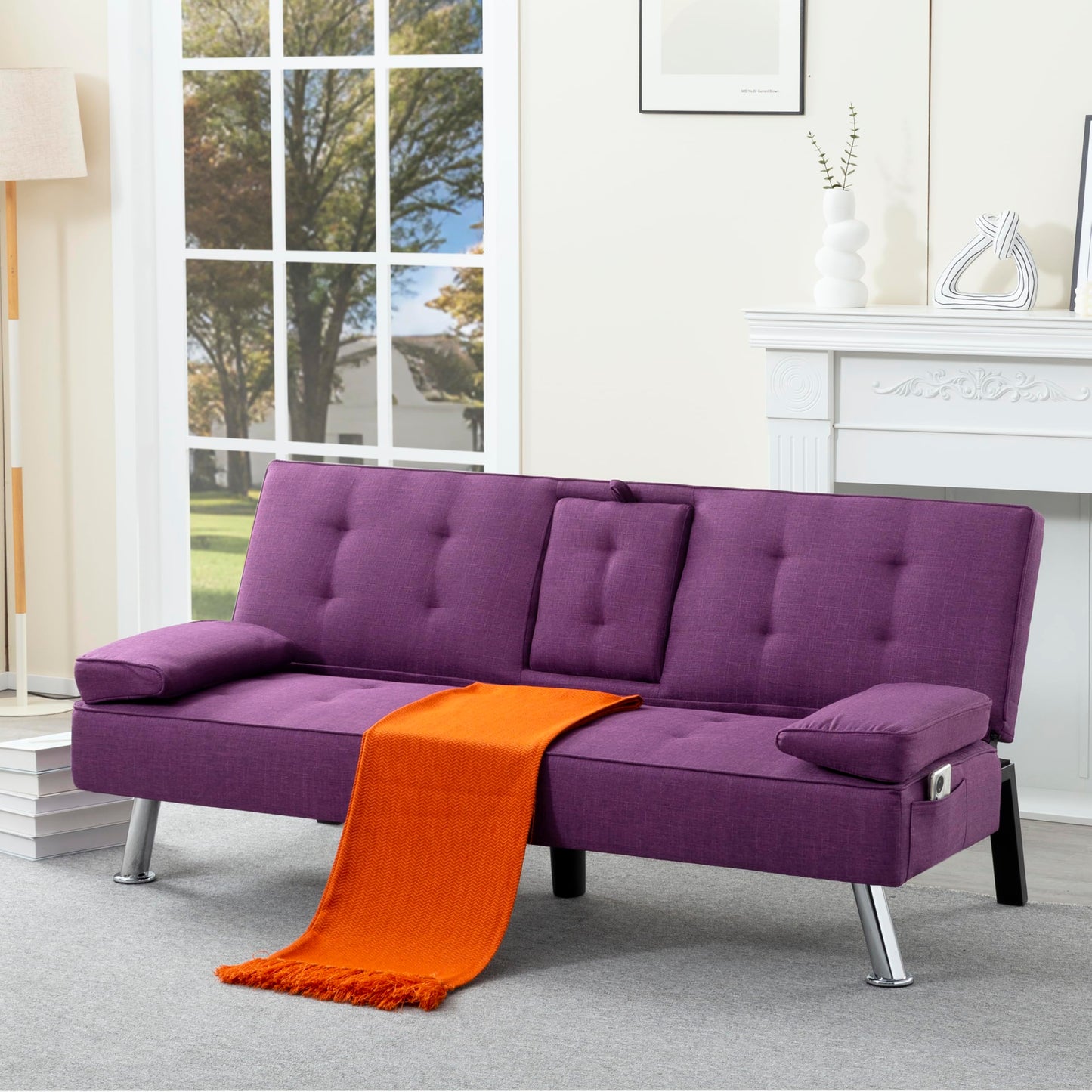 Trygoal Linen Futon Sofa Bed, Small Futon Couch Bed with Adjustable Armrest and Tufted Back, Convertible Sofa Beds with Adjustable Backreat for Small Spaces, Living Room, Apartment, Purple
