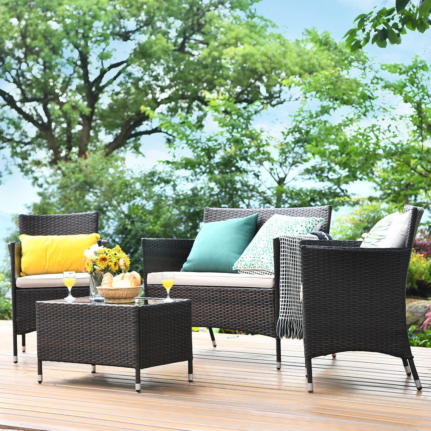 COSTWAY 4PCS Rattan Patio Furniture Set, Outdoor Wicker Rattan Chairs with Coffee Table, Rattan Cushioned Conversation Set for Backyard Balcony Porch Poolside, Brown