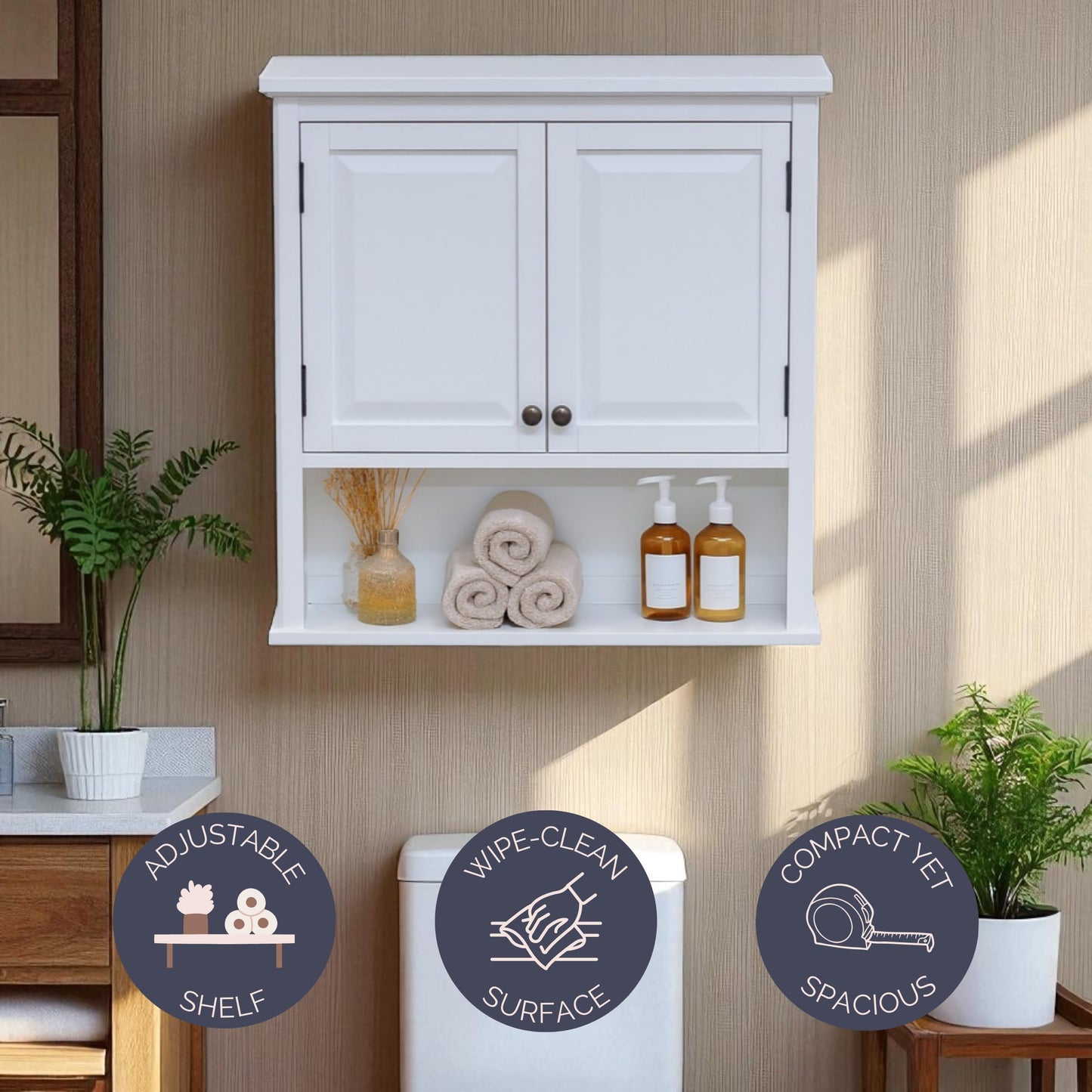 Dorset Bathroom Wall Cabinet - Over the Toilet Storage and Medicine Cabinet with Adjustable Shelves, 2 Doors, and an Open Shelf to Organize Bathroom Essentials by Alaterre Furniture (White)
