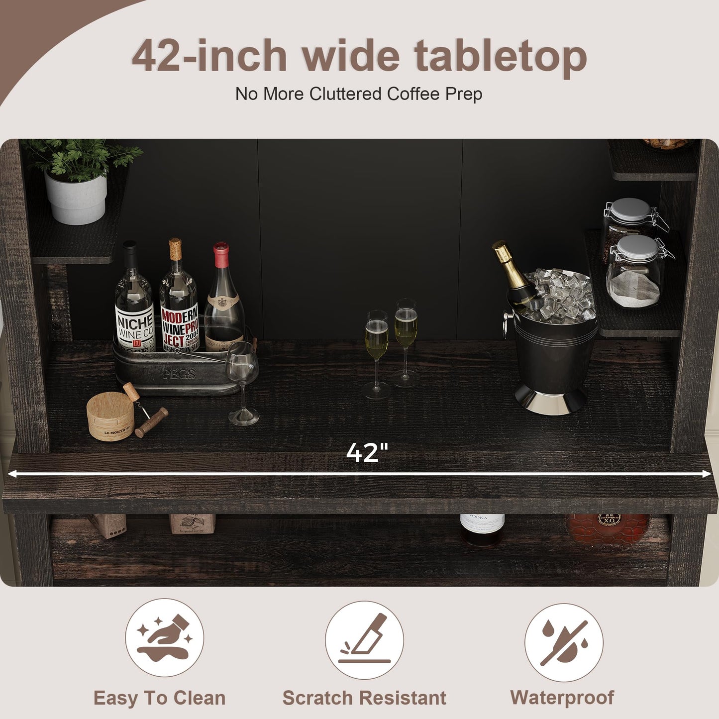 GarveeHome Coffee Bar Cabinet with LED Lights,72 '' Tall Buffet Cabinet with Storage,Farmhouse Kitchen Sideboard Tall Coffee Hutch with Microwave Stand/Wine Rack/Glass Shelf Dining Room(Oak)