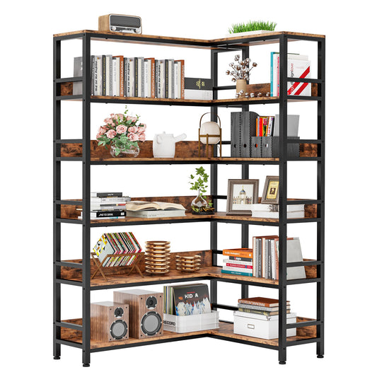 IRONCK Corner Bookshelf 6 Tiers, Industrial Corner Bookcase with Baffles Etagere, L Shaped Bookshelves with Metal Frame, Corner Shelf Storage Rack for Living Room Home Office