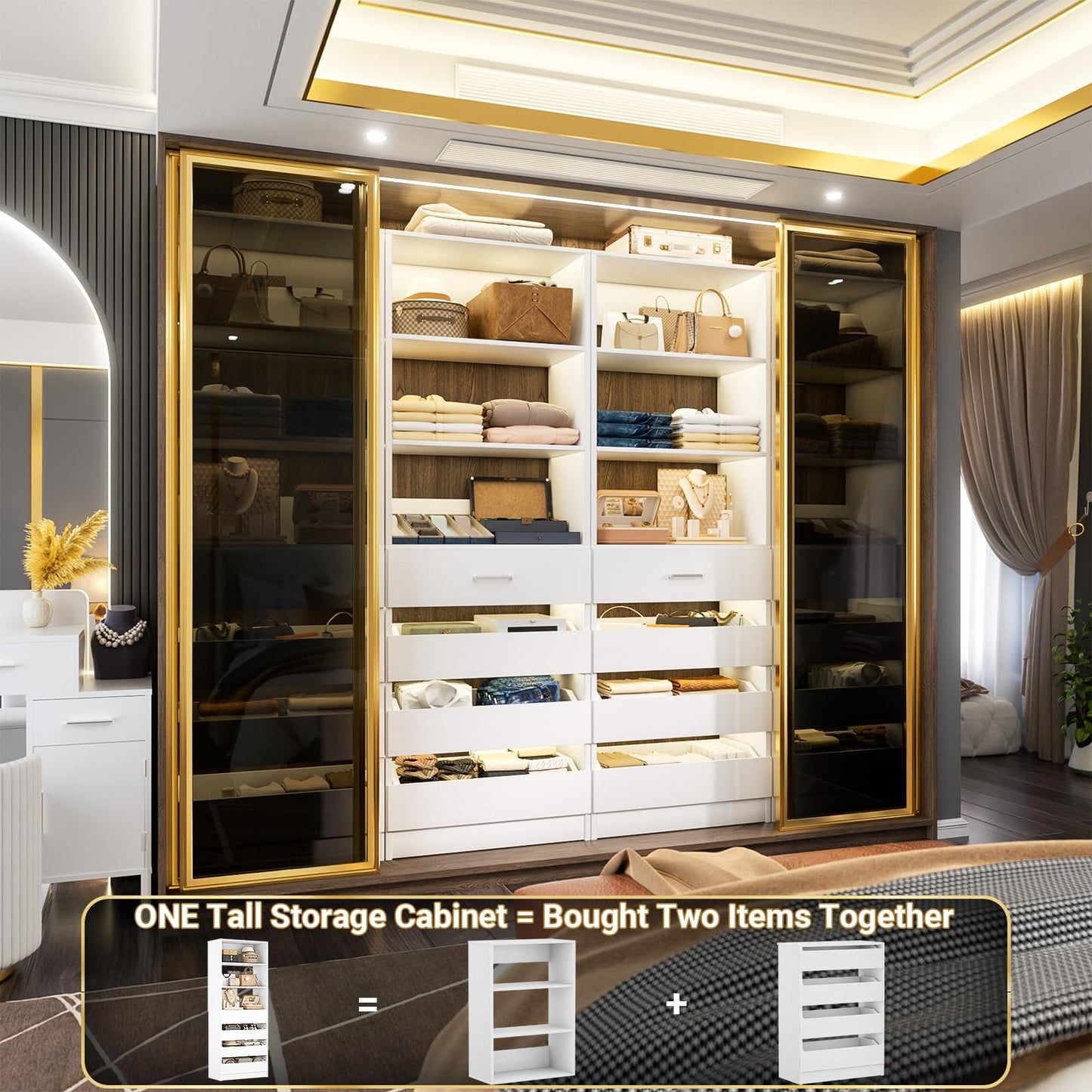 Aheaplus 21.3" Closet System with 4 Drawers, Wood Closet Organizer with Open Shelves, Modular Drawers System Tower, Walk-in Closets Small Wardrobe Rack, Tall Storage Cabinet Unit, White