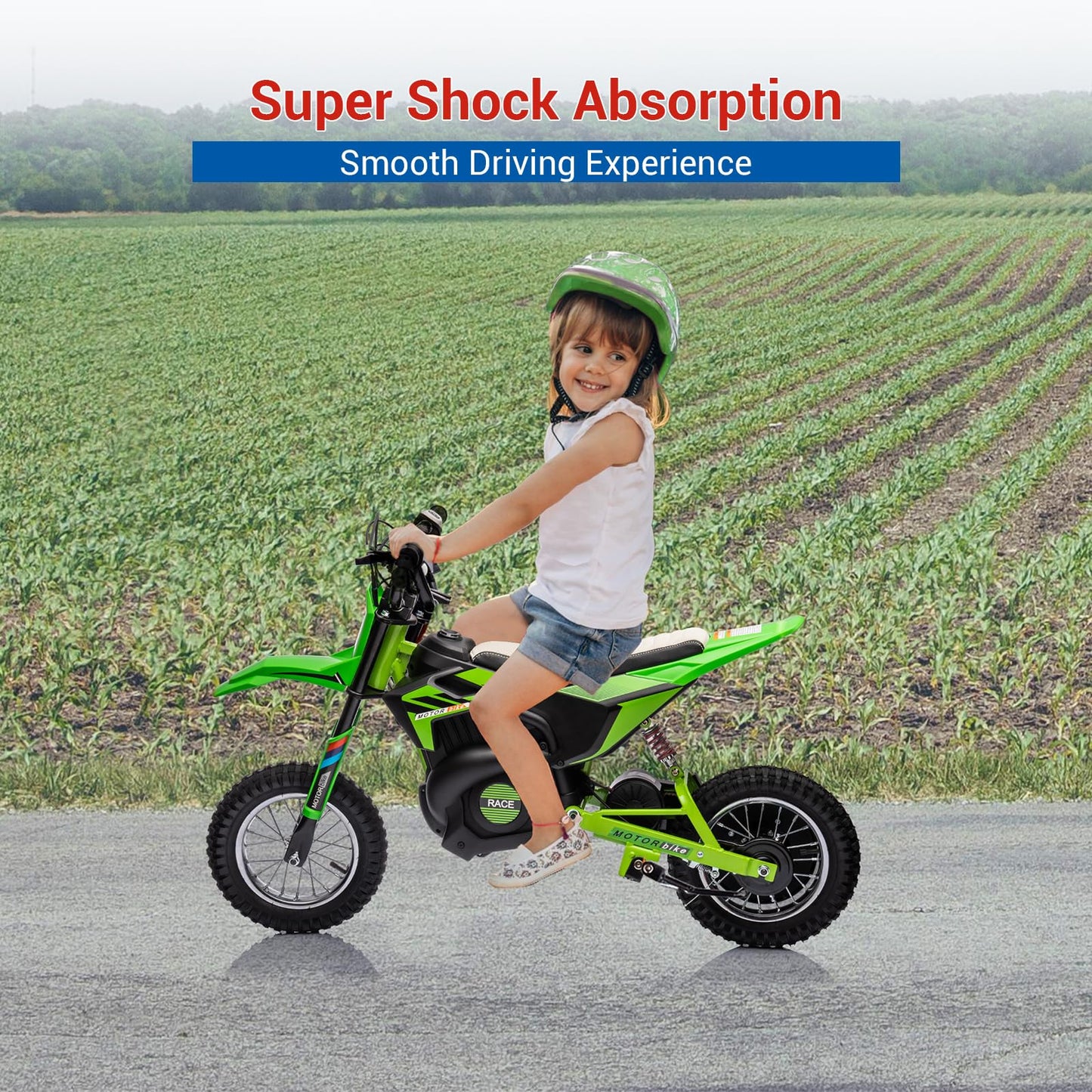 GarveeLife 24V Kids Ride On Electric Off-Road Motorcycle,250W Motor 13.6MPH Fast Speed Dirt Bike Motocross,Leather Seat,Twist Grip Throttle,Metal Suspension,Air-Filled Tires for Kids Riding Toy,Green