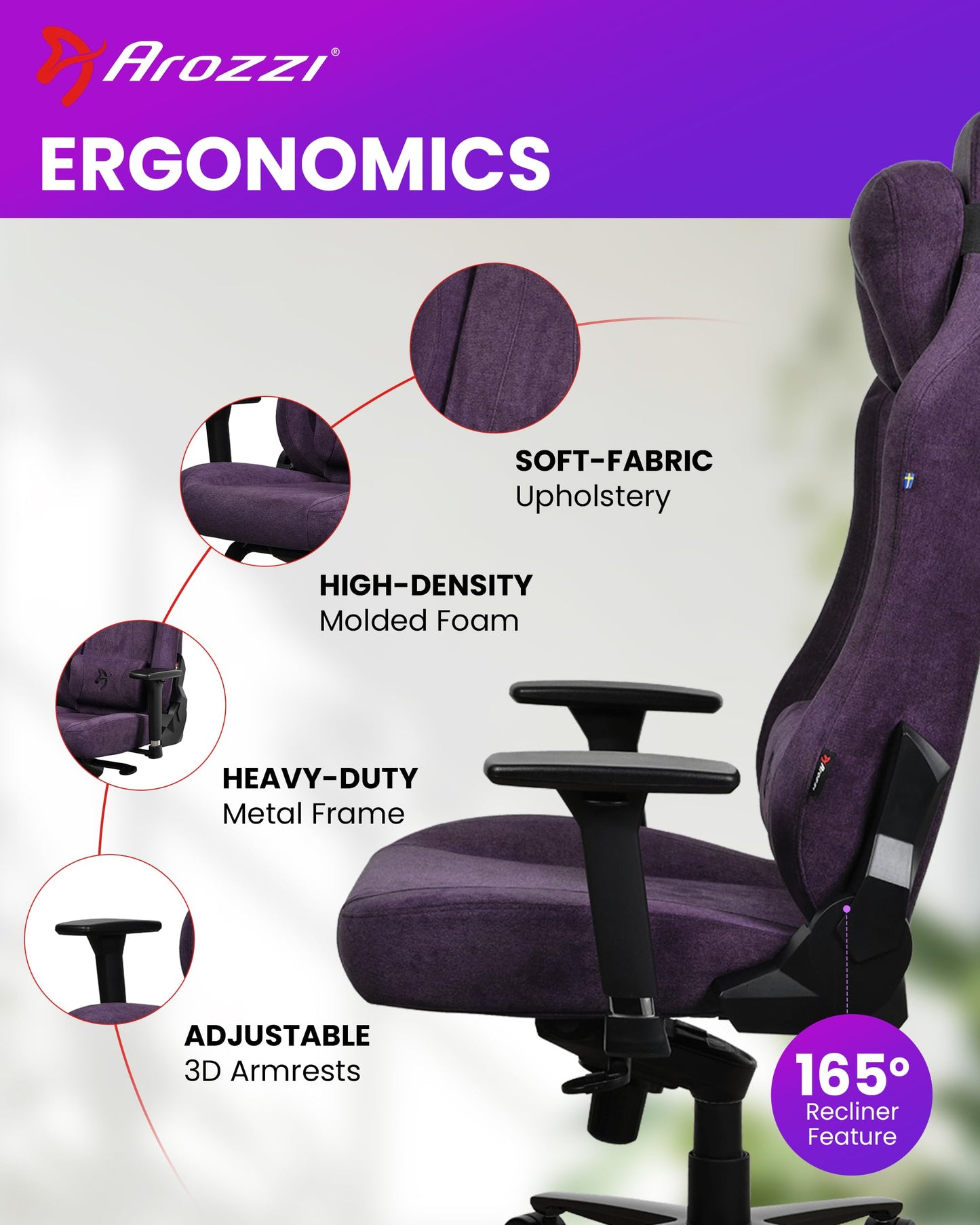 Arozzi Vernazza Gaming Chair - Soft Fabric Gaming Chairs for Adults Adjustable Height, Large Spacious Seat & Backrest with Support Pillows - Swedish Design Home Office Computer Chairs, Purple