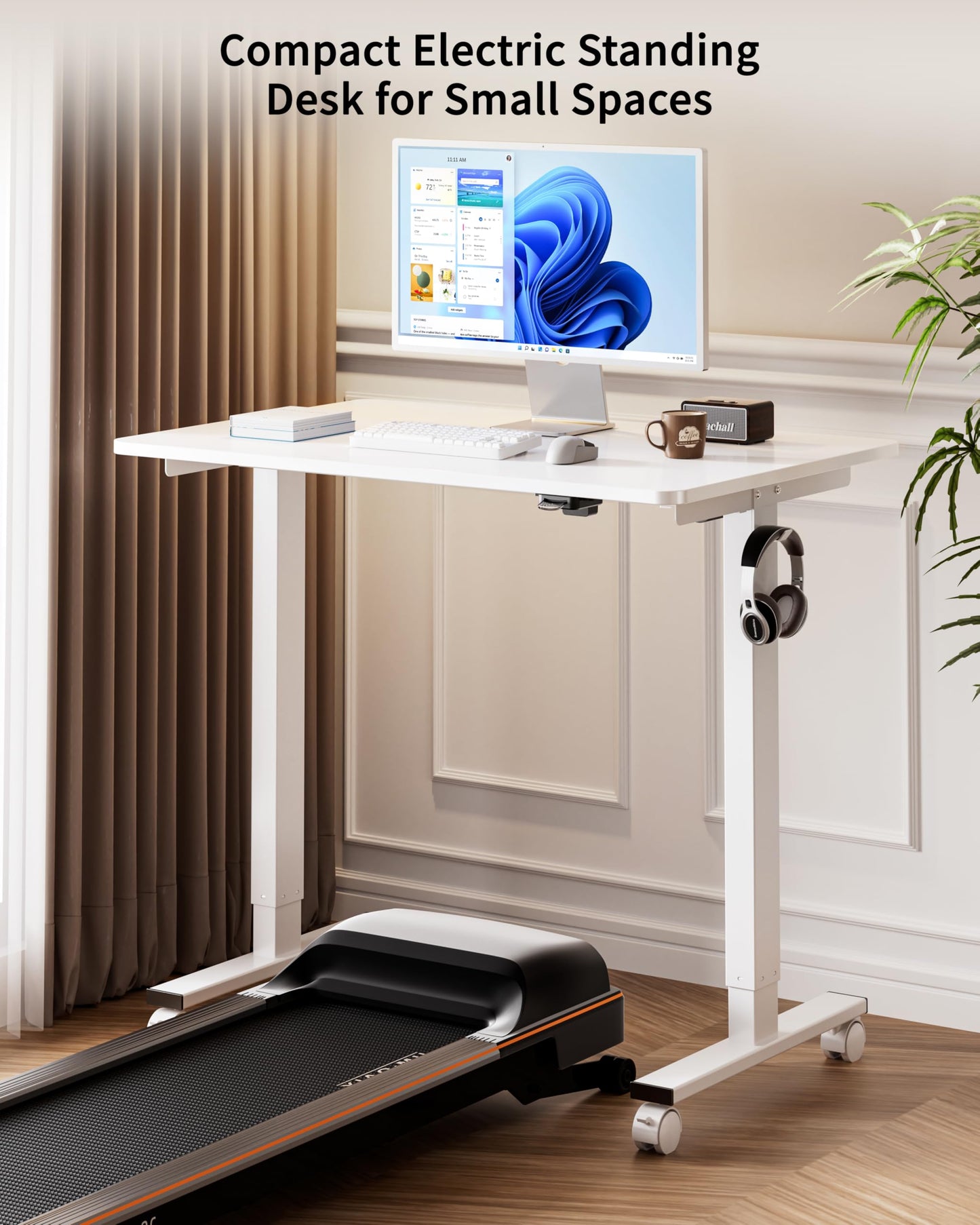 BIZUM 35.4" Small Electric Standing Desk Height Adjustable, Whole Piece Stand Up Computer Desk Work Study Writing Gaming Desks for Home Office White