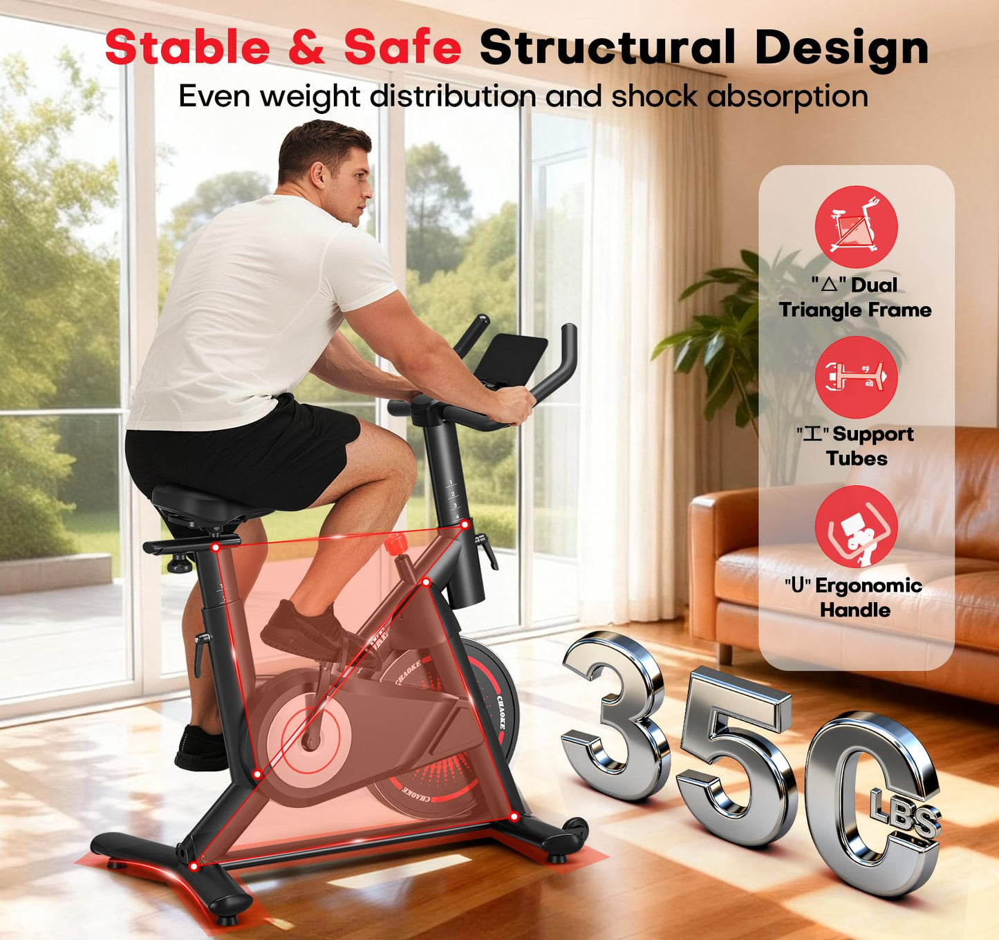 CHAOKE Exercise Bike, Quiet Adjustable Magnetic Stationary Bike for Home Cardio with App Compatible, 350LB Weight Capacity Indoor Cycling Bike with Mat, Large Seat, Digital Display for Home Fitness