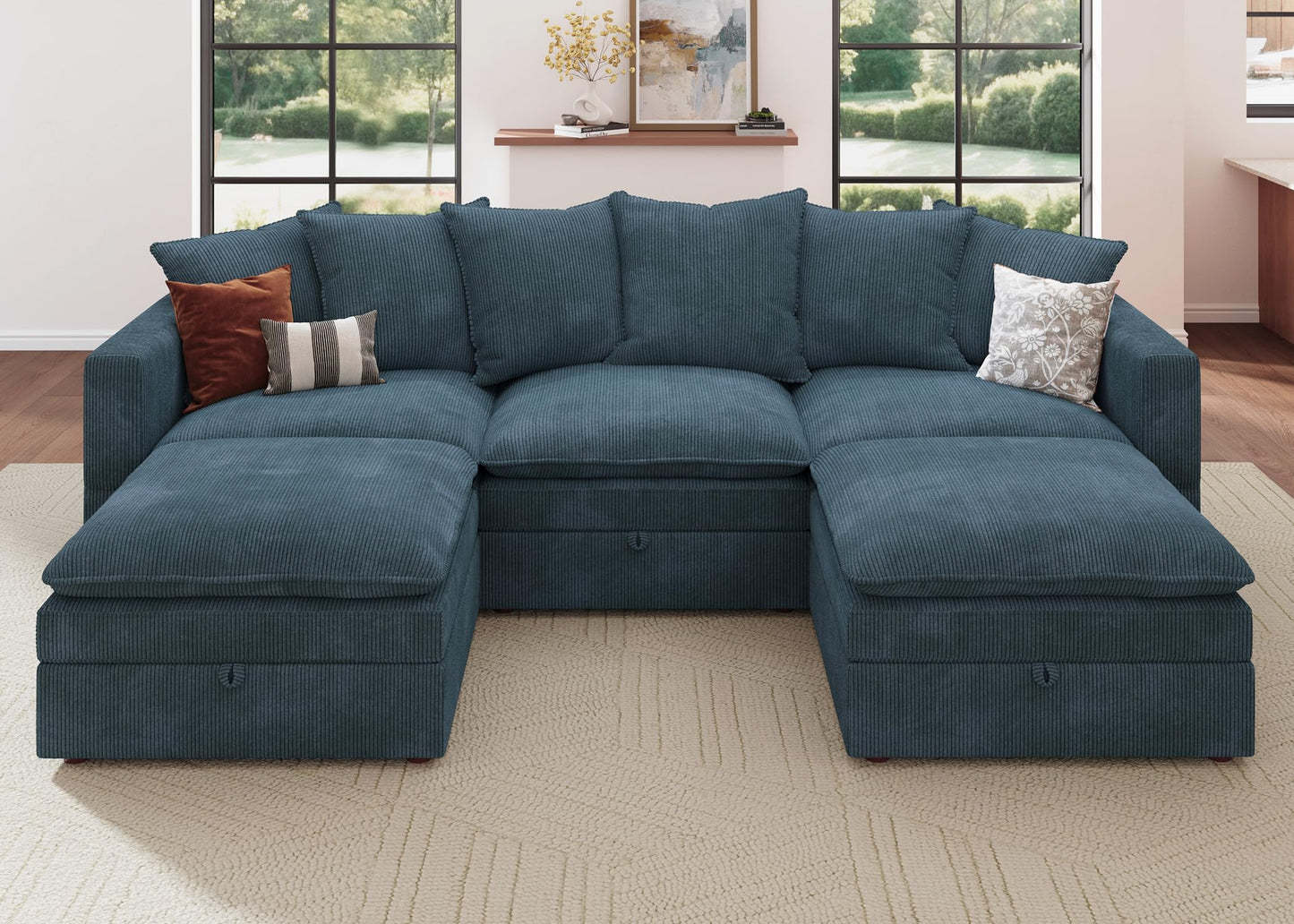 HONBAY Modular Sectional Sofa, 105.5 Inch Deep Seat U Shaped Couch with Storage & Adjustable Armrest Backrest, Blue