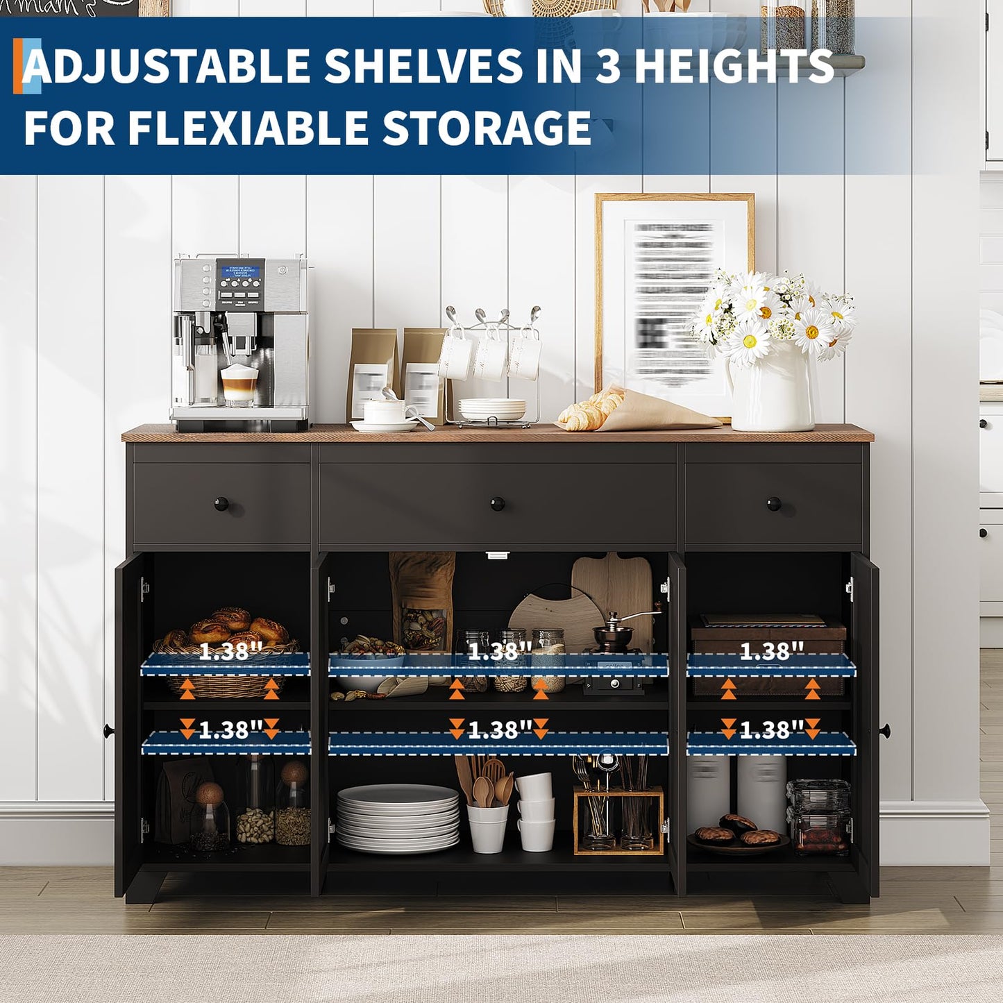 CuisinSmart 55" Buffet Cabinet with Drawers, Large Sideboard Buffet Storage Cabinet with Shelves and Doors, Minimalist Coffee Bar Station Wood Kitchen Table for Kitchen, Dining Room- Black