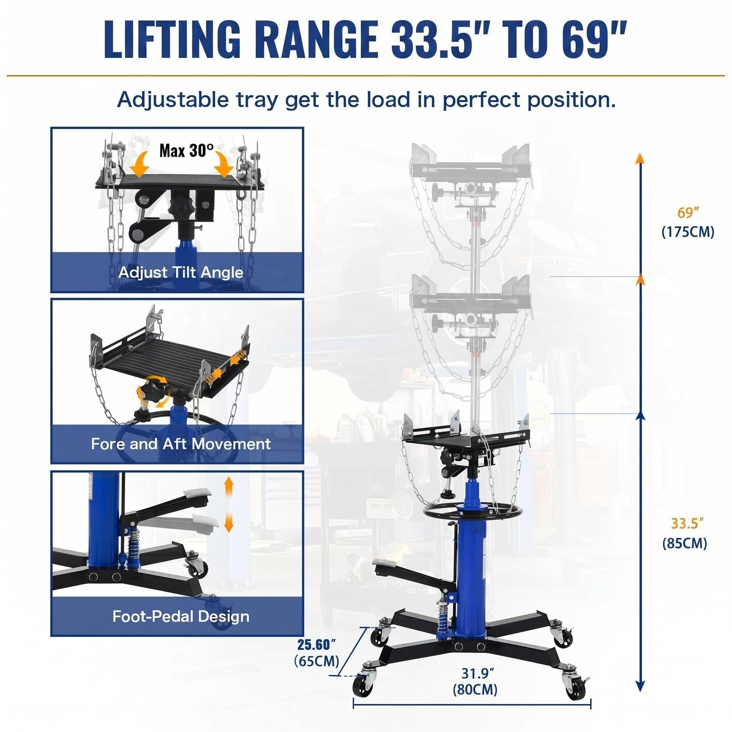 1322 LBS Transmission Jack High Lift 2-Stage Hydraulic Telescopic Stand, 33.5"-69" Height, Foot Pedal & 360° Swivel Wheels, Heavy Duty Transmission Lift for Car, Truck, Garage