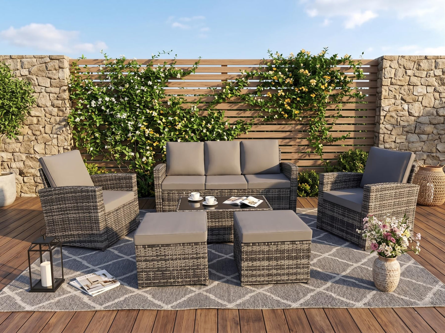 KEIKI 6Pcs Outdoor Patio Conversation Furniture Sets with Couch,Chair, Glass Coffee Table & Ottoman, PE Wicker Sectional Couch Sofa Seating with Thick Cushion for Backyard Lawn Poolside, All-Weather