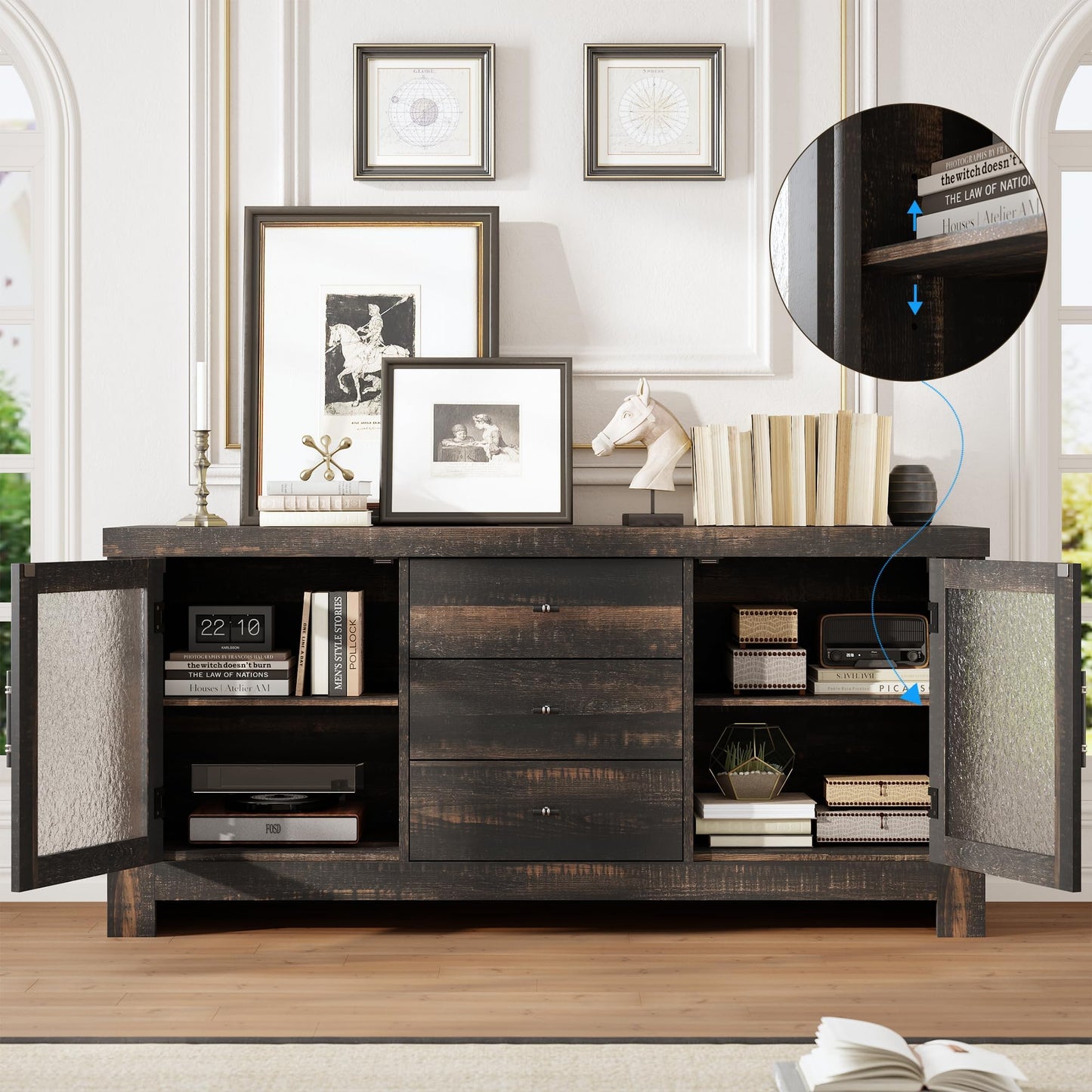MilleLoom 54.4" Kitchen Buffet Sideboard Cabinet with 2 Glass Doors & 3 Drawers, Accent Storage Cabinet & Coffee Bar Table for Living Room Dining Room