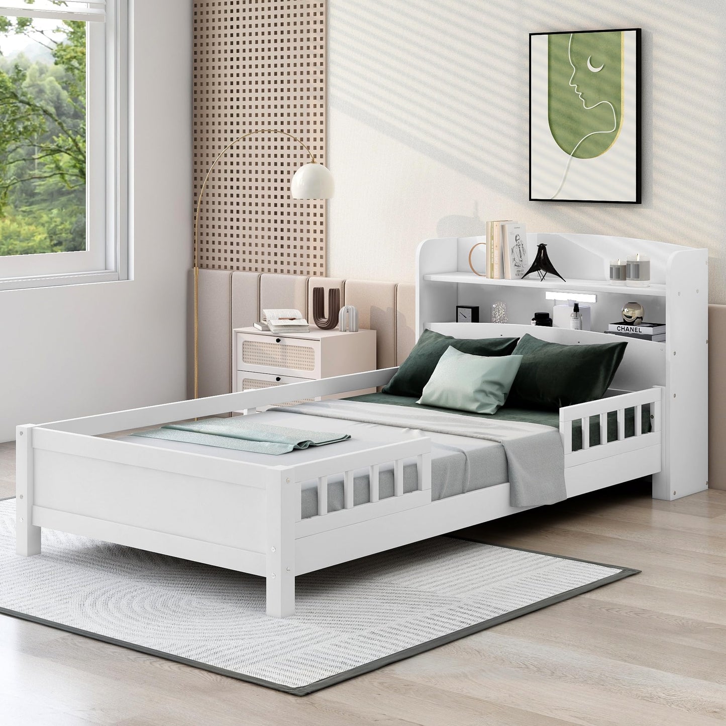 Merax Twin Bed Frame, Solid Wood Twin Size Platform Bed with Storage Headboard, Built-in Light and Safety Guardrail, Montessori Inspired Bed, No Box Spring Needed, White