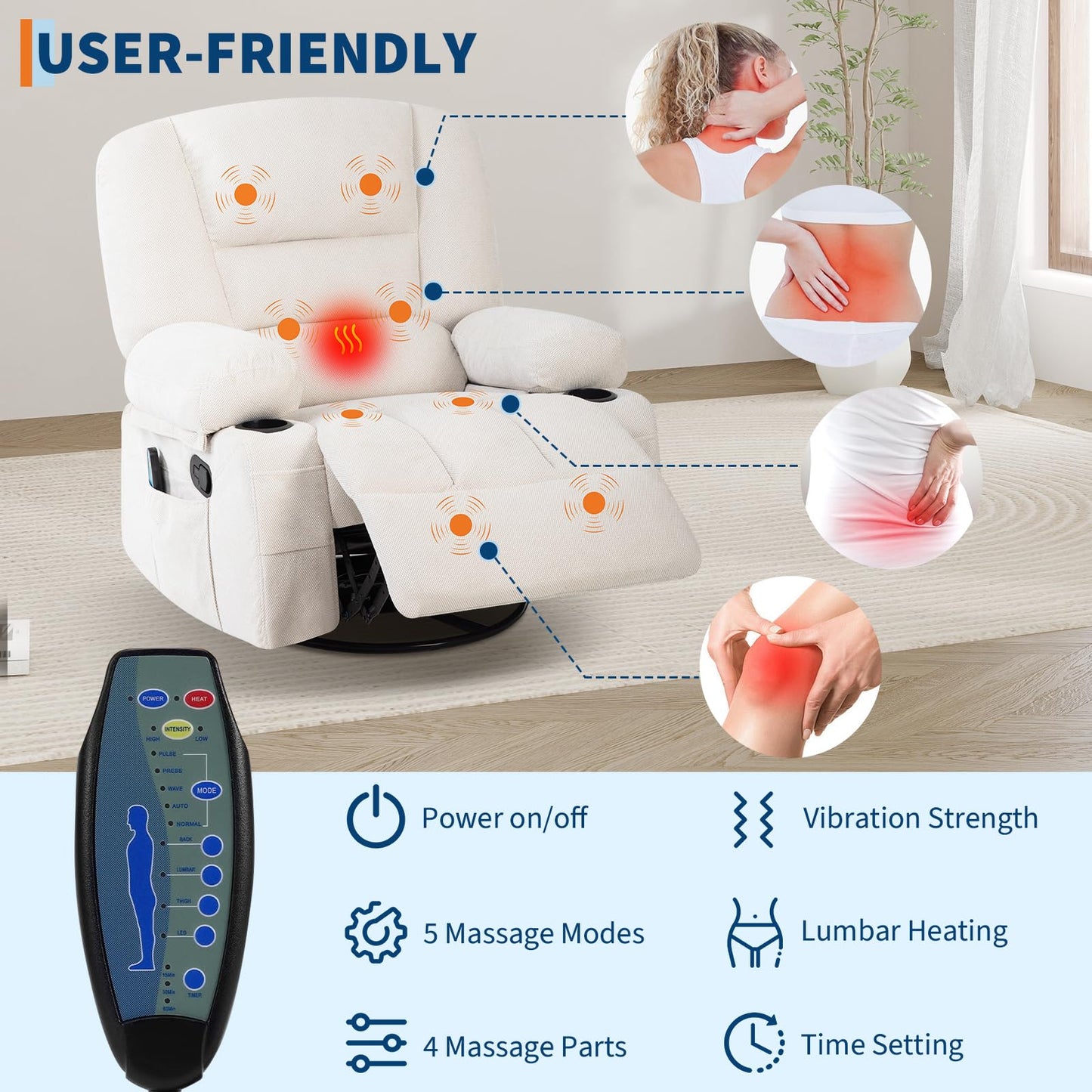 Oversized Wide Recliner Chair with Vibration Massage and Heat, 360° Swivel Recliner Glider for Adults,Chenille Fabric Manual Reclining Single Sofa with Cup Holders & Side Pockets for Living Room,White