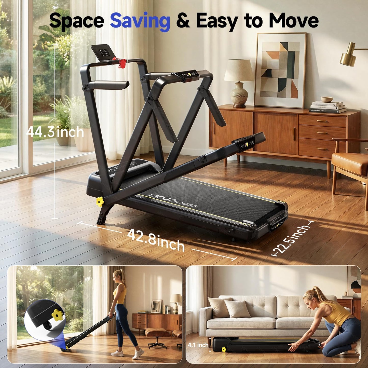 YPOO Foldable Treadmill with Incline, Walking Pad with Handle Bar 3 Level Incline, Portable Folding Treadmills for Home/Office 300 Lbs Capacity, Quiet Desk Treadmill with Remote Control & APP