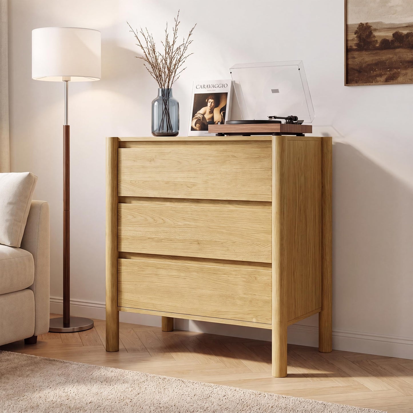 HOUROM Oak3-Drawer Dresser for Bedroom,Oak Mid-Century Modern Chest with Solid Wood Legs,Concealed Handle,Large Wood Storage Organizer,Small Wooden Storage Bedside Table Nightstand for Bedroom