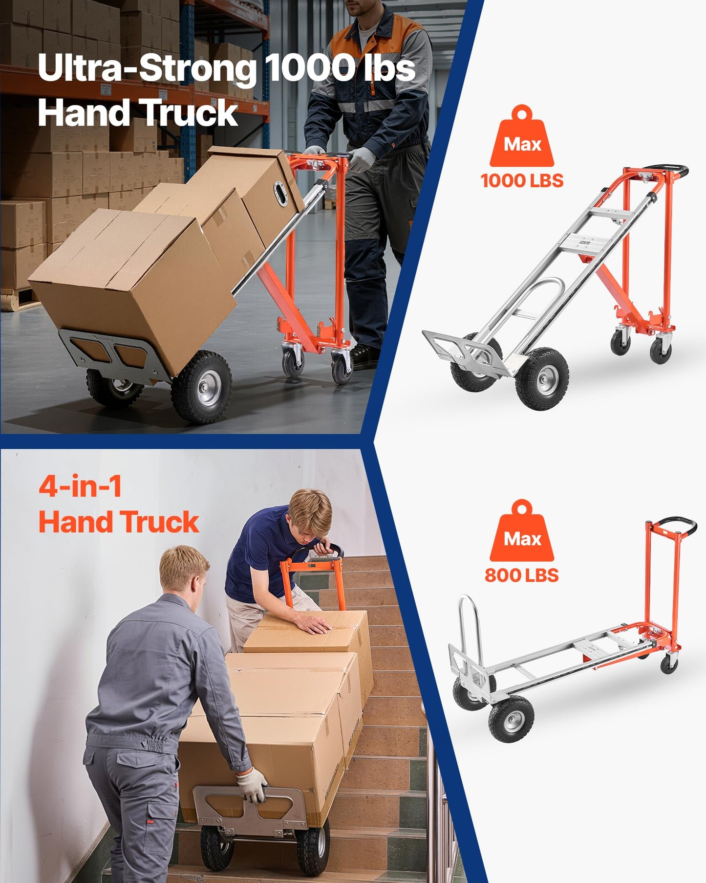 VEVOR 4 in 1 Hand Truck, 1000 lbs Load Capacity for 4-Wheel Mode, Convertible Hand Truck Dolly with Non-Slip Handle & Wheels, Aluminum Alloy Portable Trolley Dolly for Moving Home, Office, Warehouse