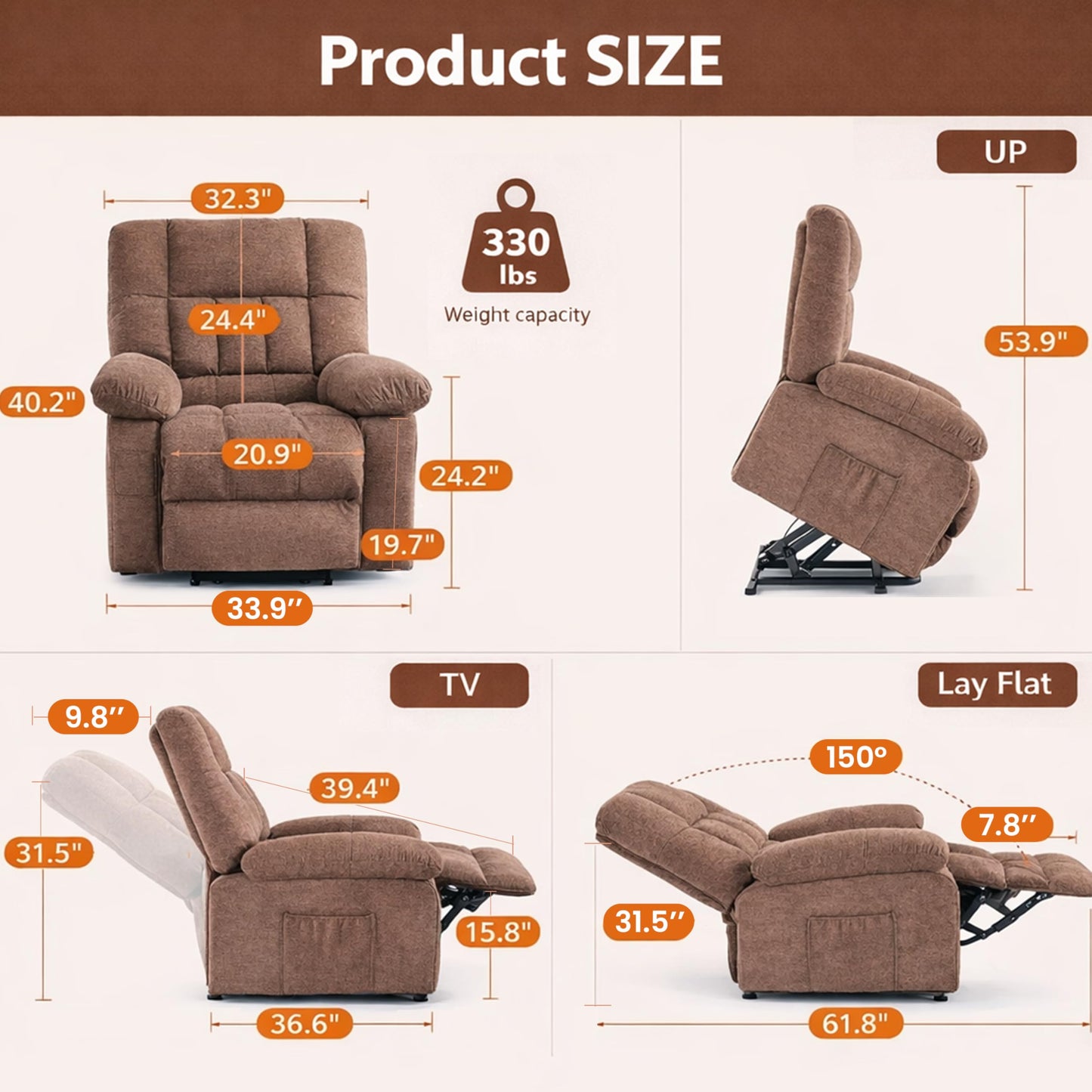 HealSmart Power Lift Recliner Chair with Massage & Heat, Overstuffed Fabric Reclining Chair with Remote, Side Pockets for Living Room & Bedroom, Brown