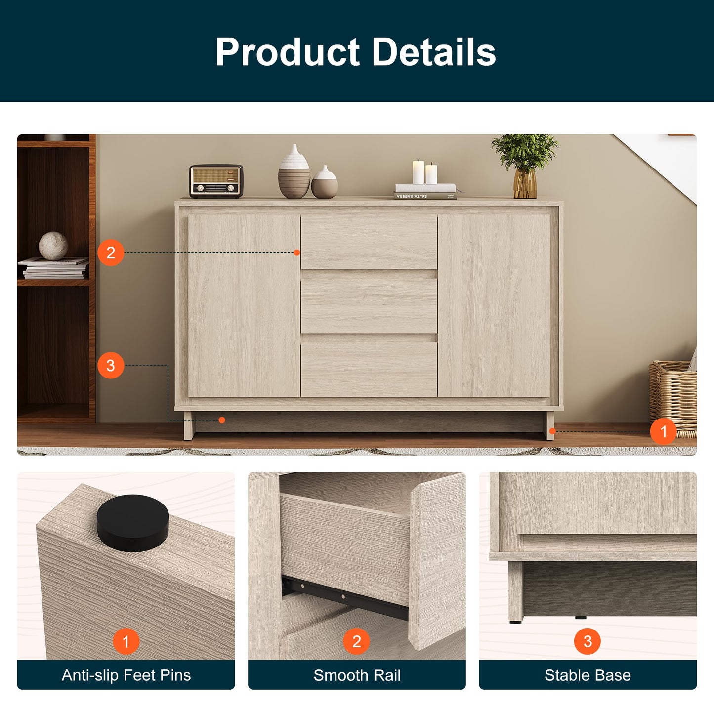 RoyalCraft Buffet Cabinet with Storage, Modern Wood Sideboard Credenza with 2 Doors and 3 Drawers, Coffee Bar Cabinet with Adjustable Shelves for Kitchen, Living Room, Dining Room, Entryway, Beige